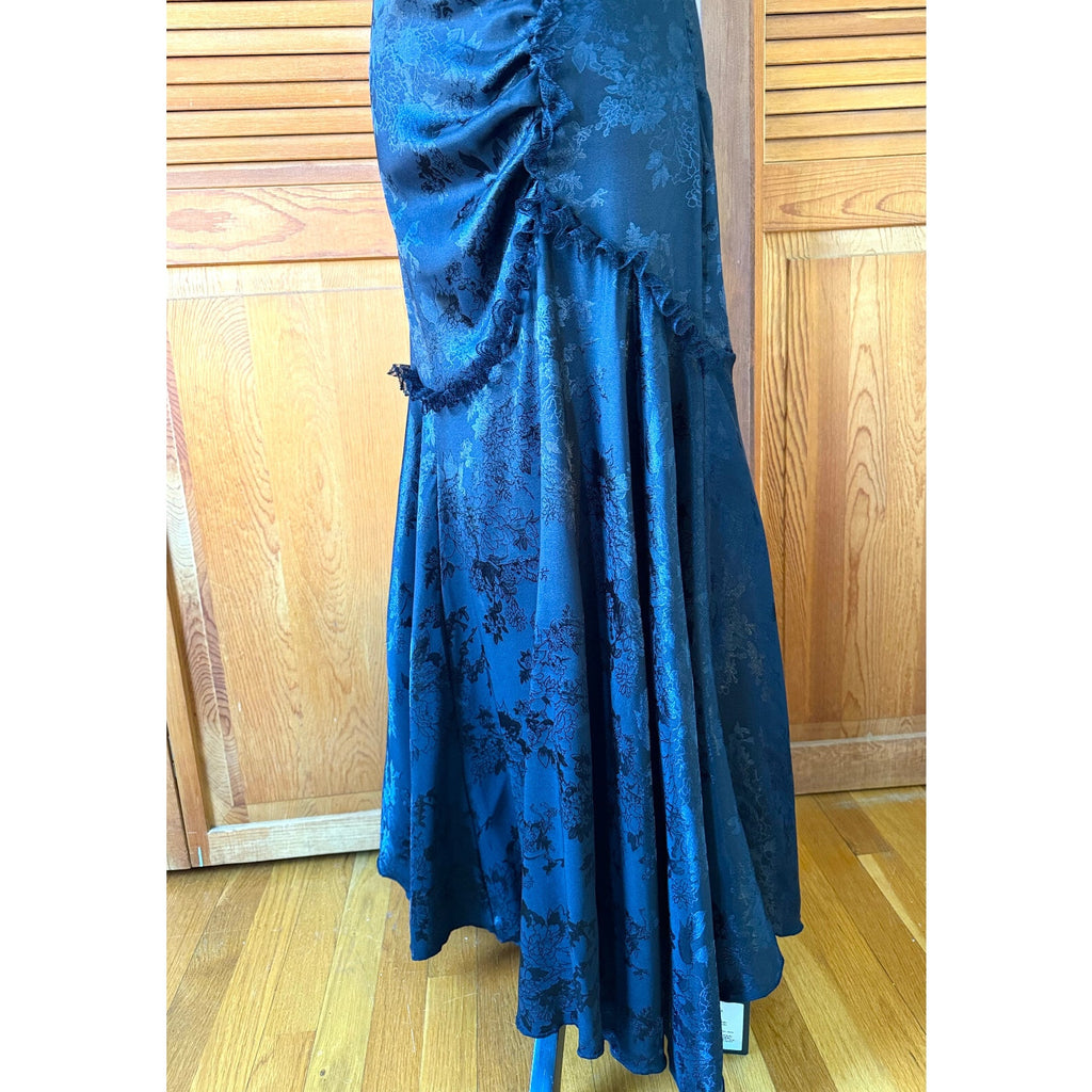 Gothic Victorian Flower Satin Gathered Side Mermaid Maxi Skirt S-M