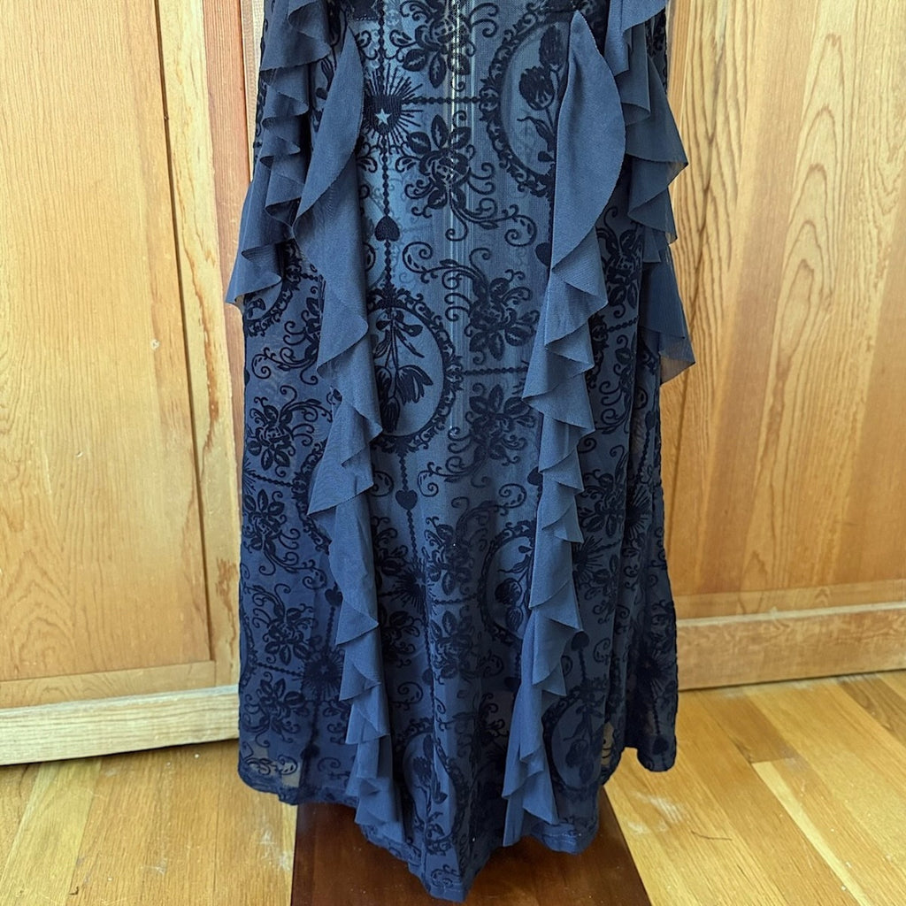 Gothic Victorian Vampire Dark Fairy Torture Garden Black Ruffle & Strap Dress S