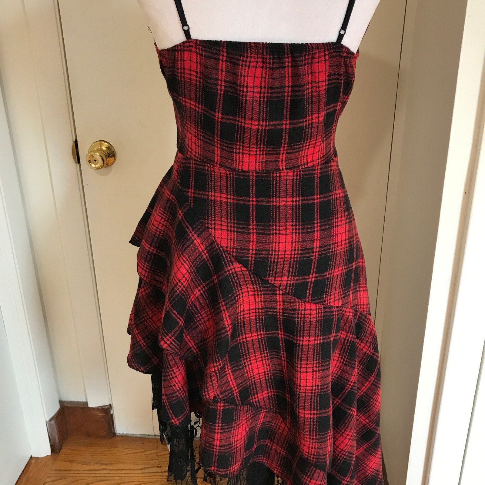 Punk Goth Visual Kei Red & Black Plaid Tartan Asymmetrical Hem Dress S
