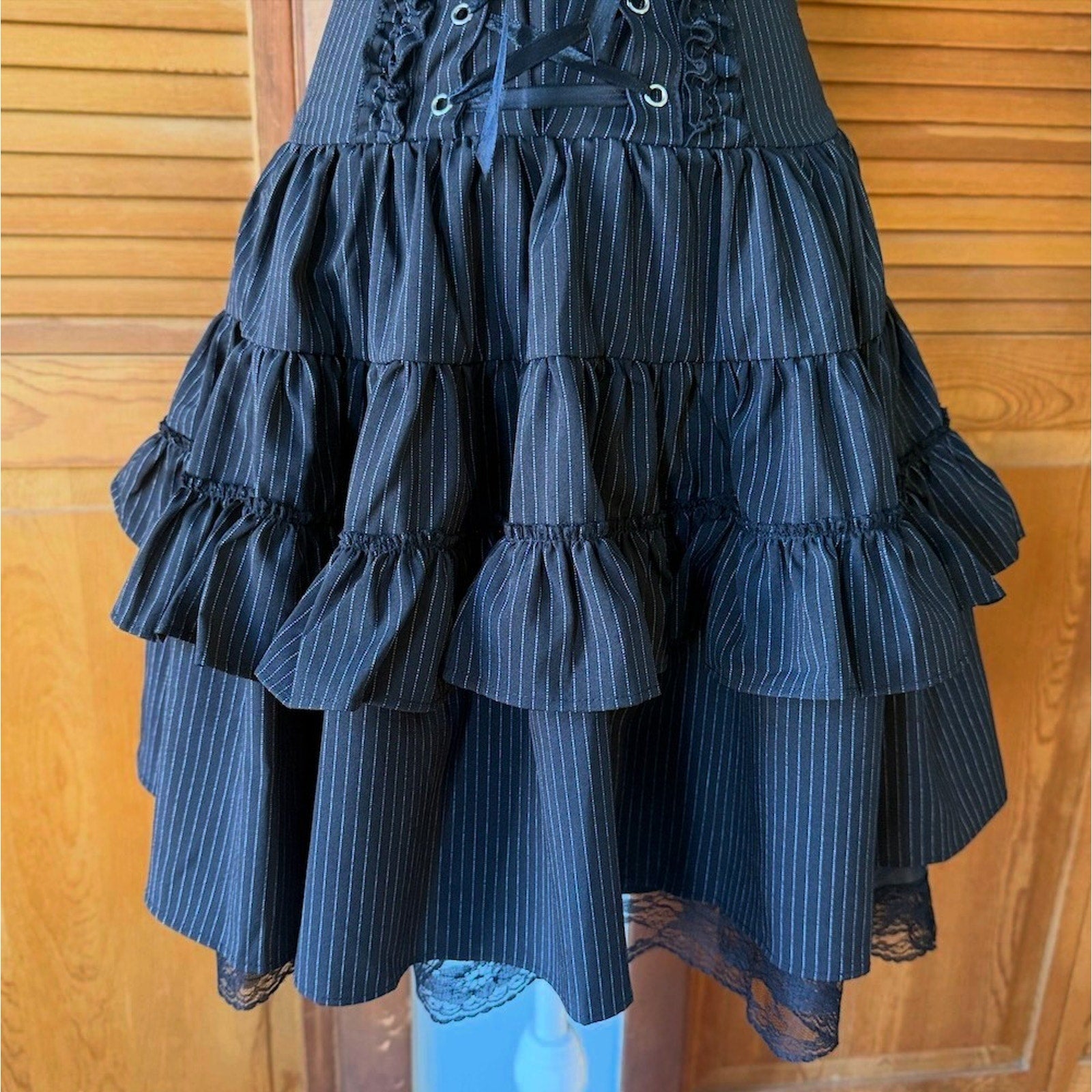 Gothic Lolita EGL Punk Princess ACDC Rag High Waist Pin Stripe Ruffle Skirt XS