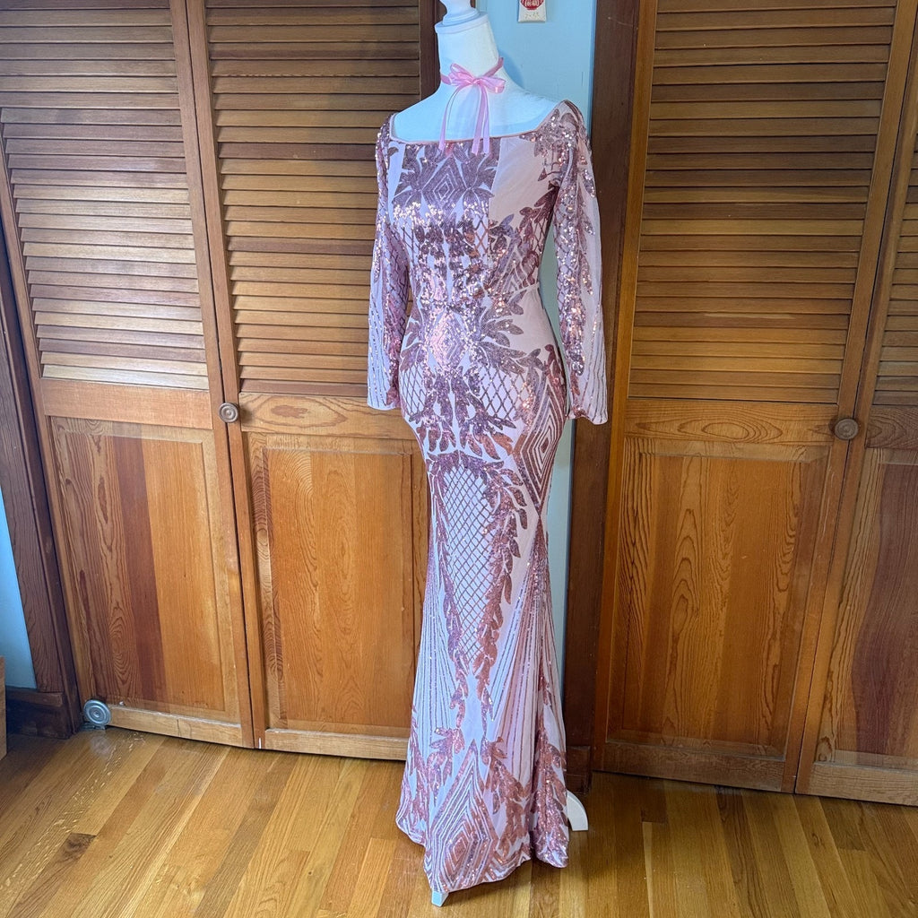 Pink Sequins Fairycore Mermaidcore Disco Diva Bodycon 1930s 1970s Dress Gown XS