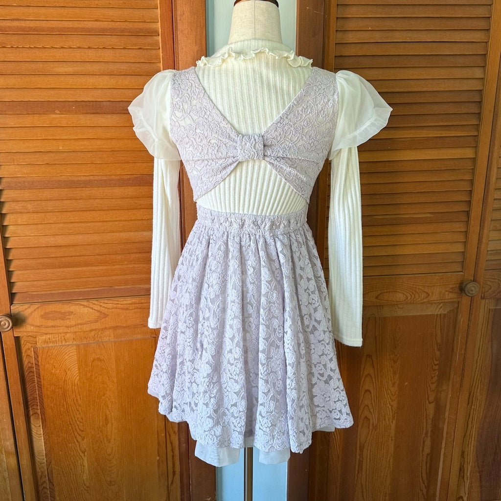 Liz Lisa J-Fashion Jirai Kei Gyaru Dollcore Lilac Lace Ivory Bow Sweater Dress S