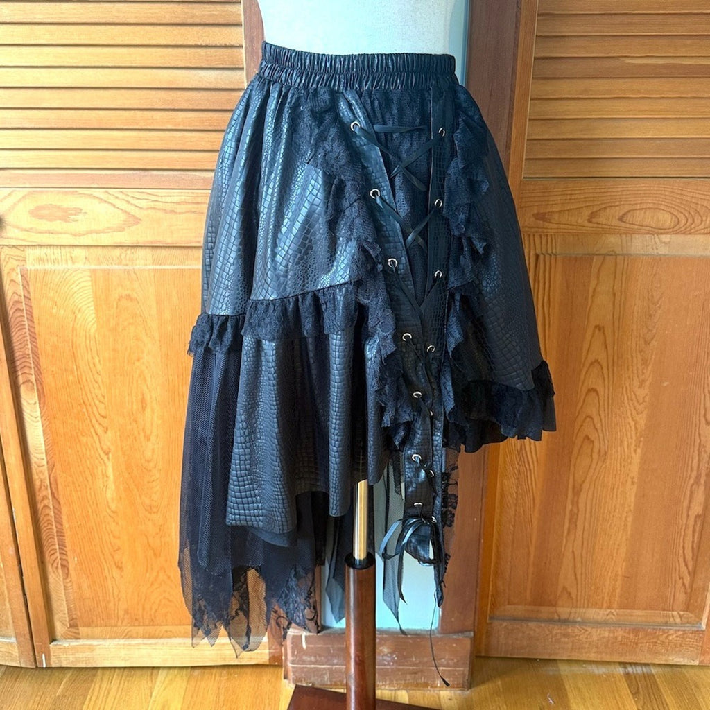 ACDC Rag Punk Goth J-fashion EGL Black Lace-Up Pixie Hem Layered Skirt XS-XL