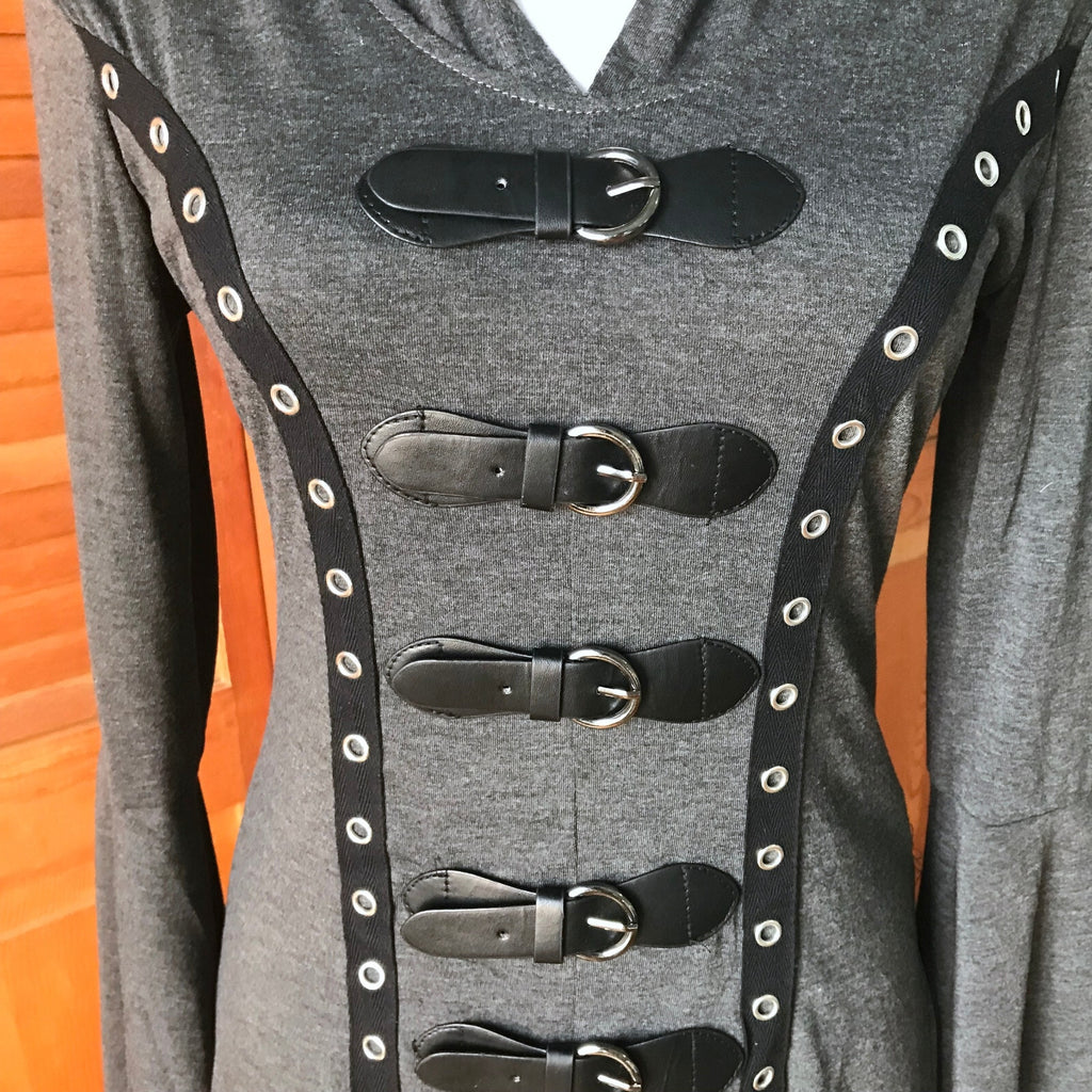 Goth Punk Emo Witchy Y2K Hooded Gray Buckle High-Low Duster Jacket Top Dress S