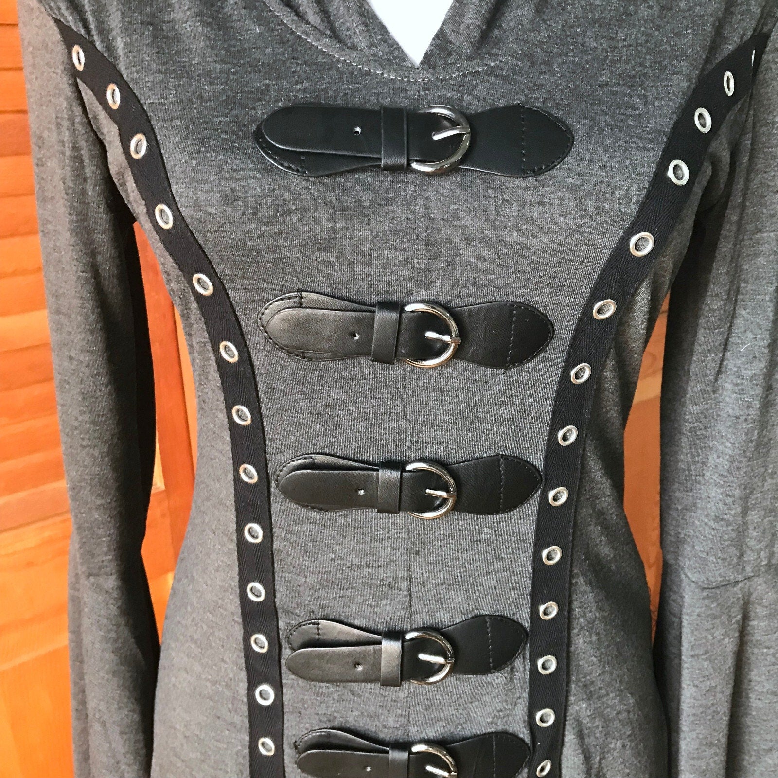Goth Punk Emo Witchy Y2K Hooded Gray Buckle High-Low Duster Jacket Top Dress S