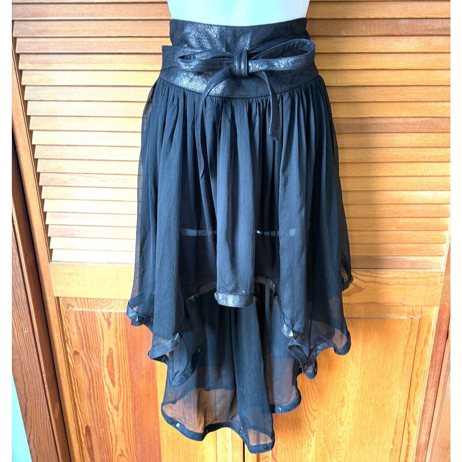Punk Rave Gothic Victorian Steampunk Black Chiffon Faux Leather Skirt S-M