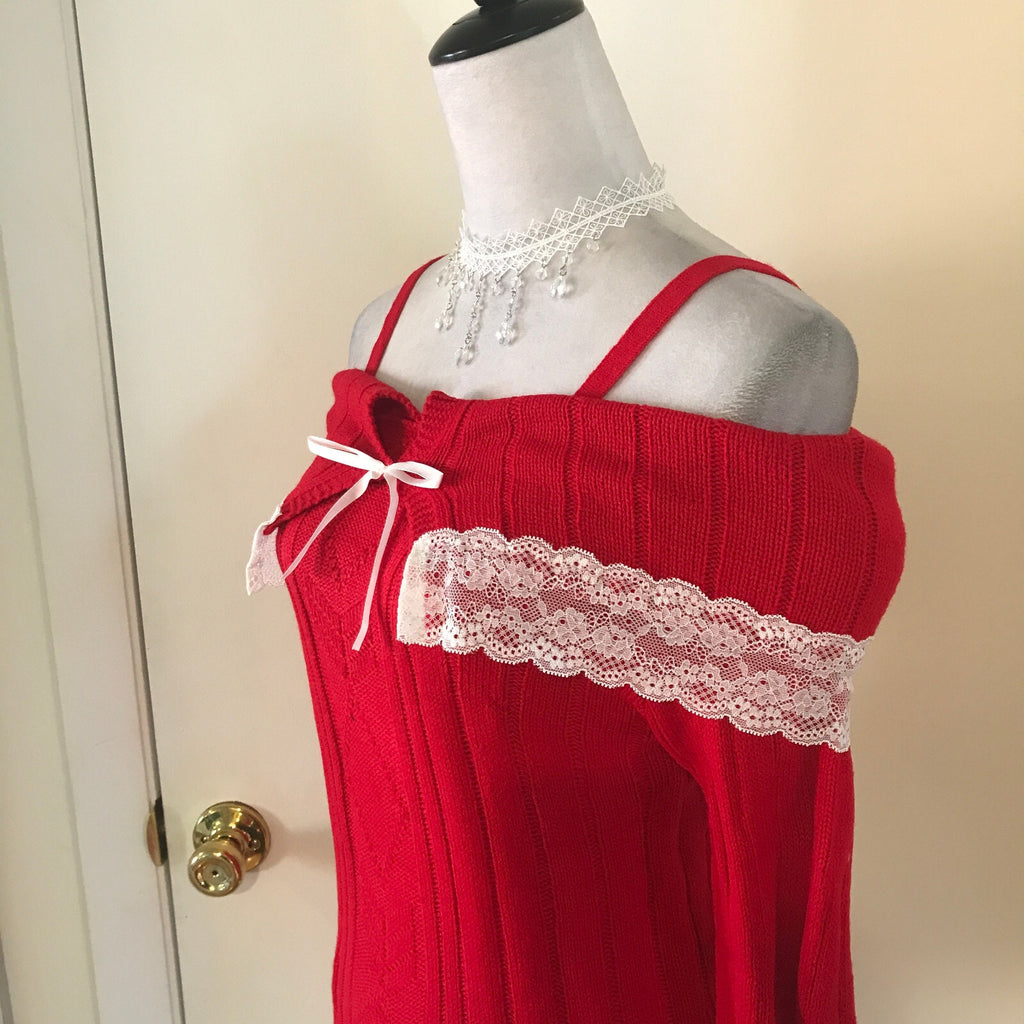 Victorian Lolita Kawaii J-fashion Red Fold-Over White Lace Sweater S