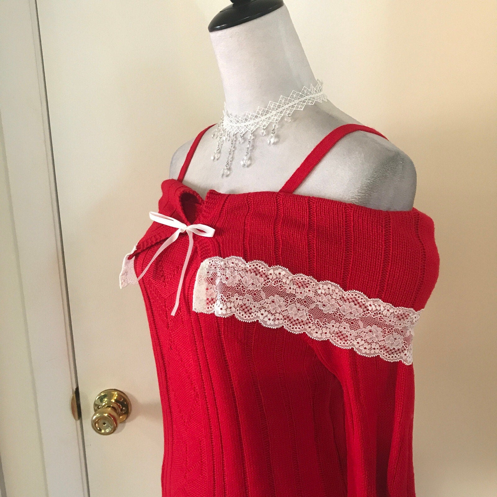 Victorian Lolita Kawaii J-fashion Red Fold-Over White Lace Sweater S