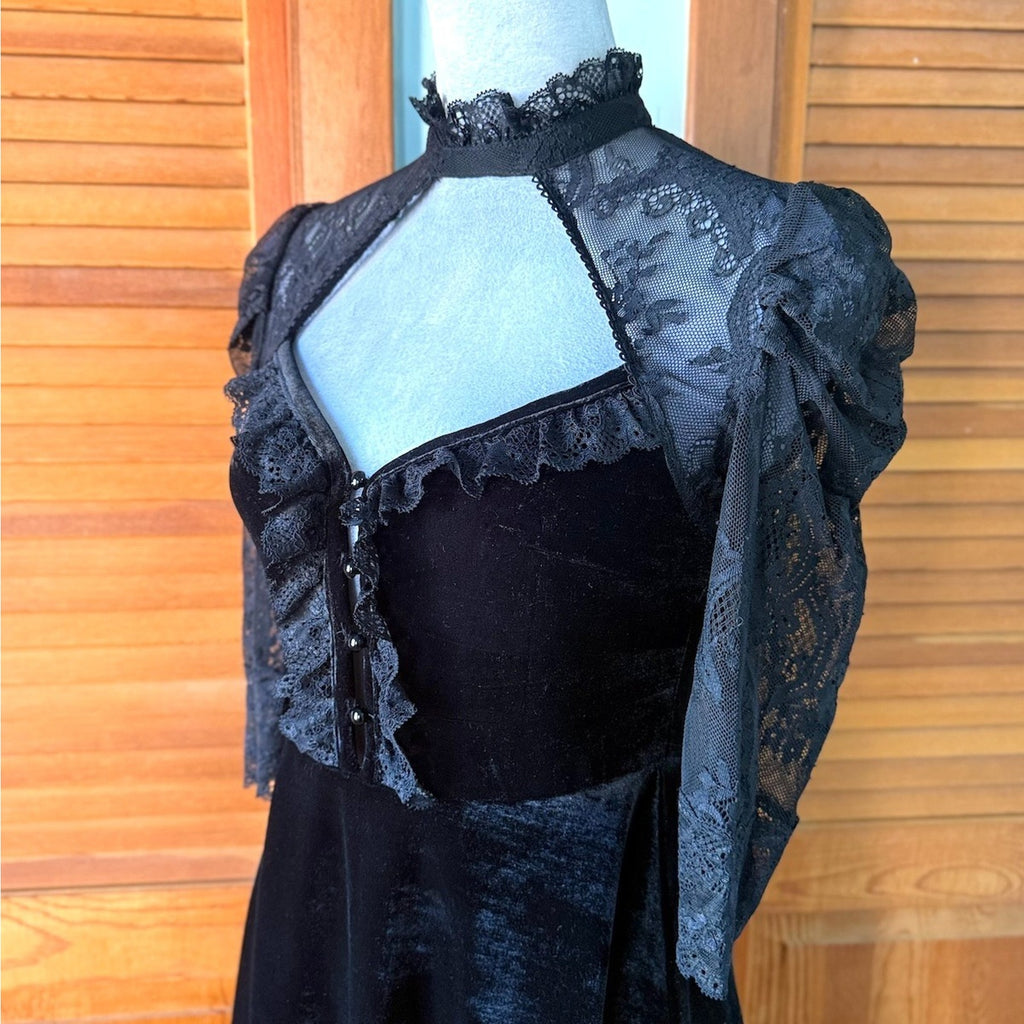 Killstar Gothic Victorian Lolita Black Velvet & Lace Window Mini Dress S