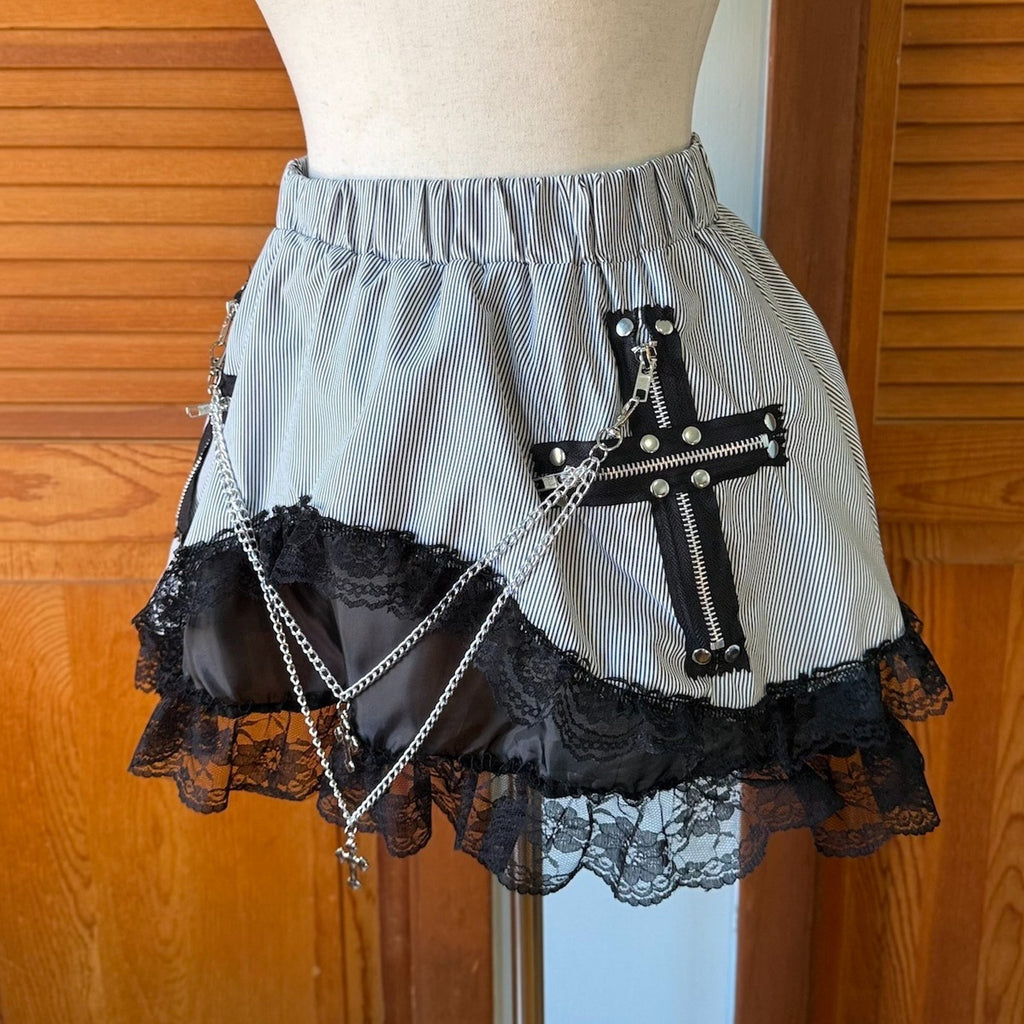 ACDC Rag Lolita EGL Goth Punk Emo Gray Black Zipper Cross Chain Lace Trim Skirt