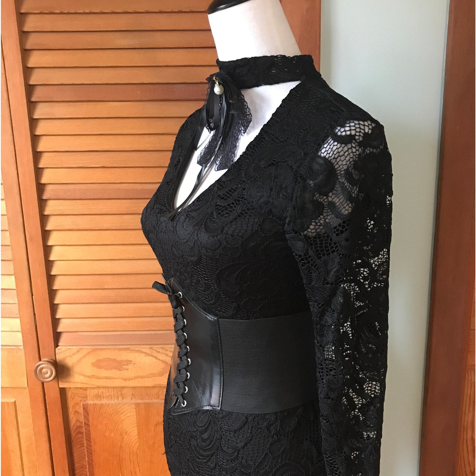 Gothic Victorian Black Lace Revamped Mini Dress w/ Cincher Belt S