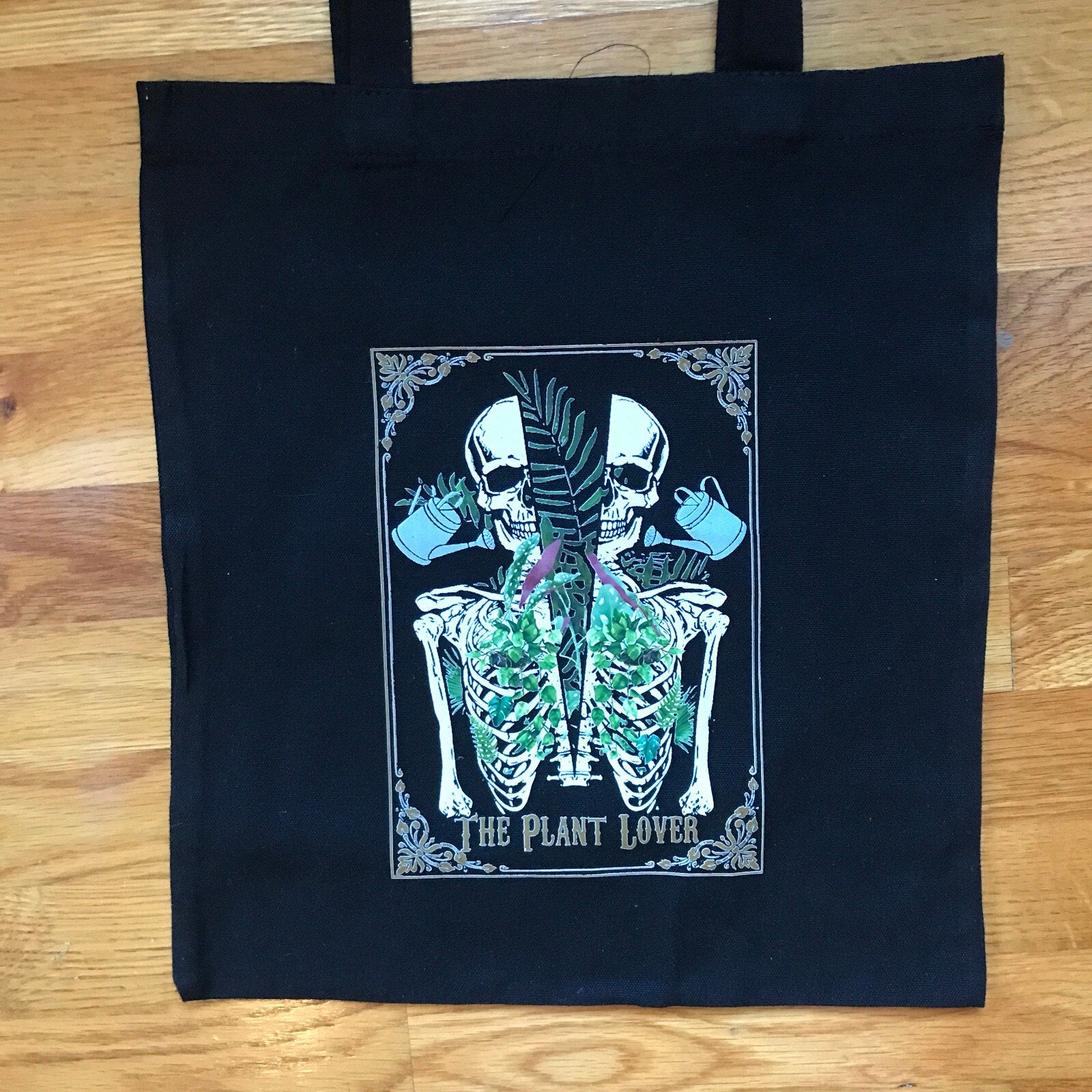 Garden Goth Punk The Plant Lover Skeleton Watering Can Black Canvas Tote Back
