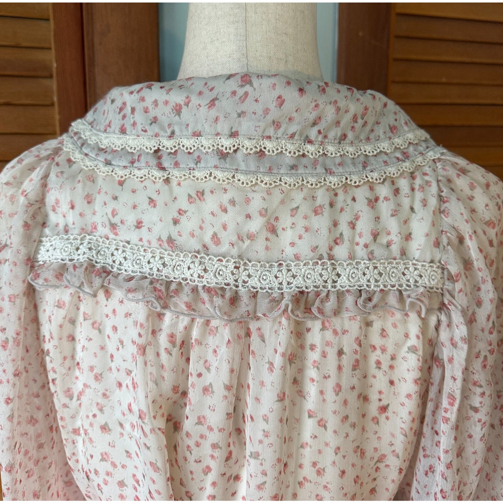 Whimsigoth Victorian J-fashion Lolita Jirai Ivory Pink Rose Wide Collar Shirt M