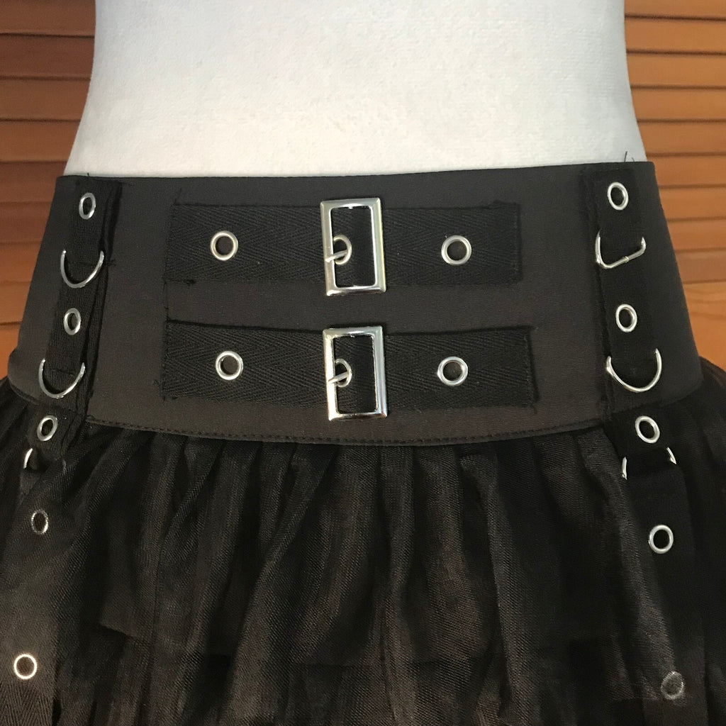Goth Punk Visual Kei Black Buckle & Strap Ruffle Mini Skirt S