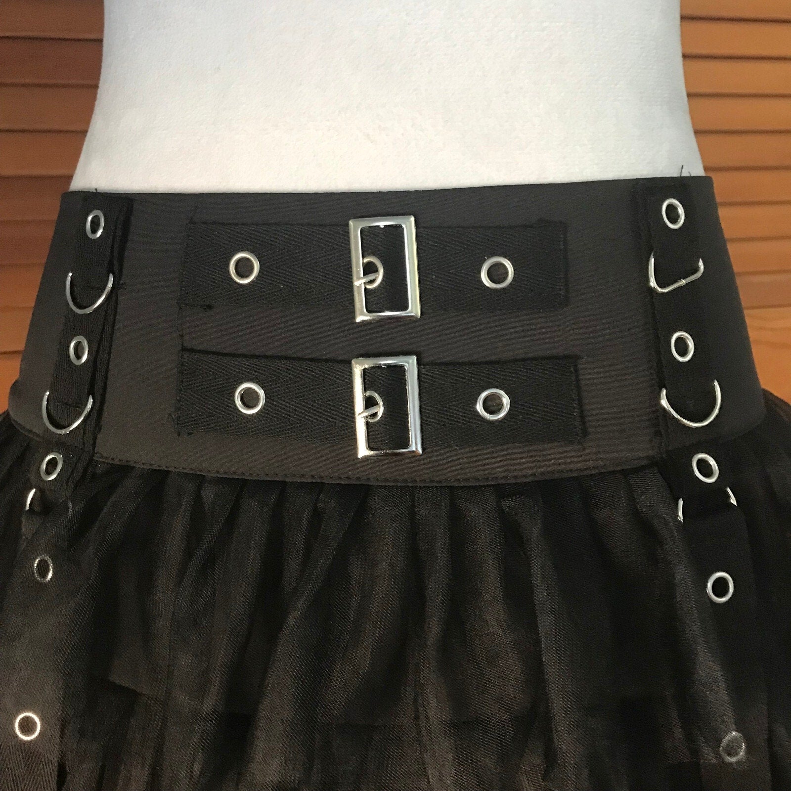 Goth Punk Visual Kei Black Buckle & Strap Ruffle Mini Skirt S