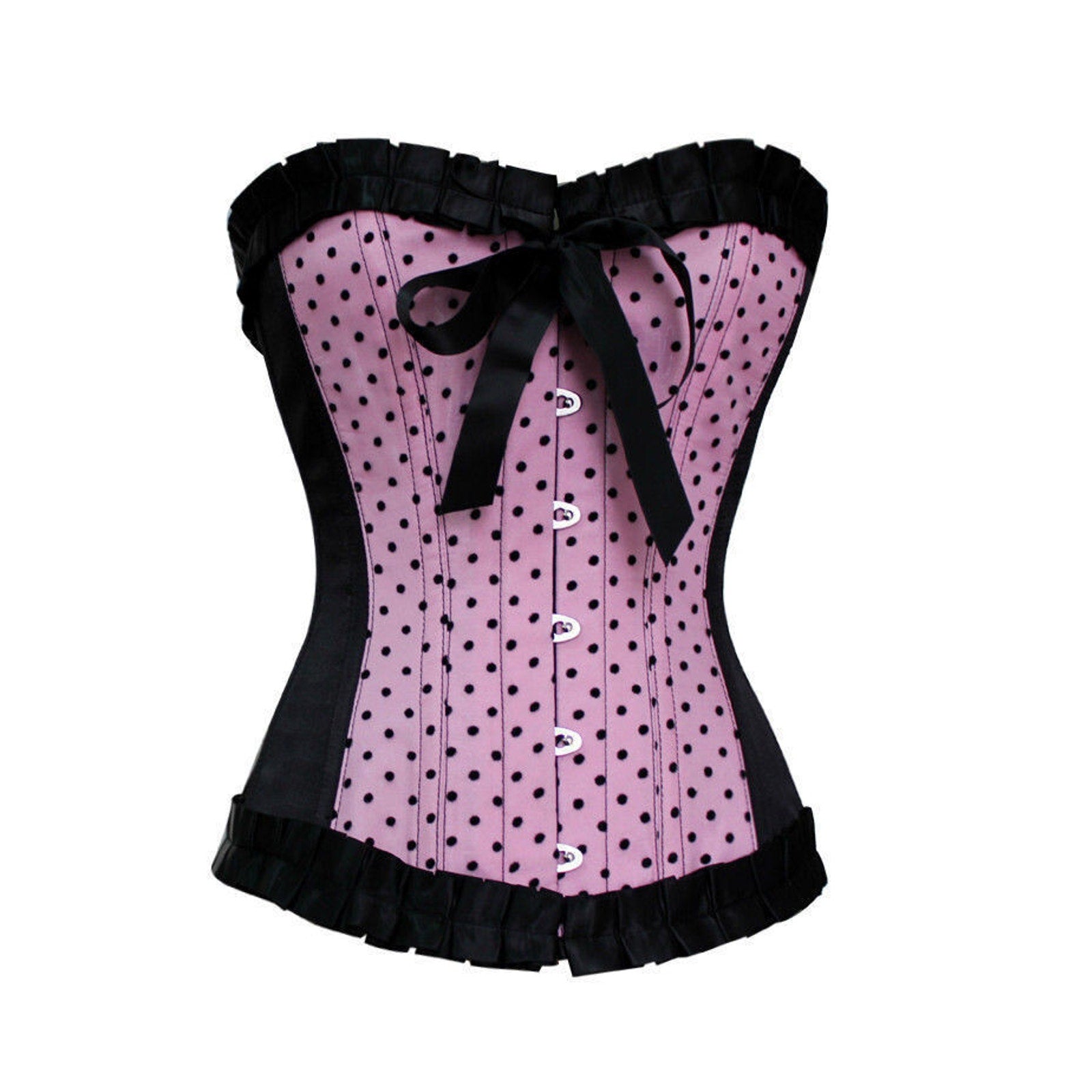 Gothic Lolita Victorian Heavy Steel Boned Pink Black Polka Dot Bow Corset