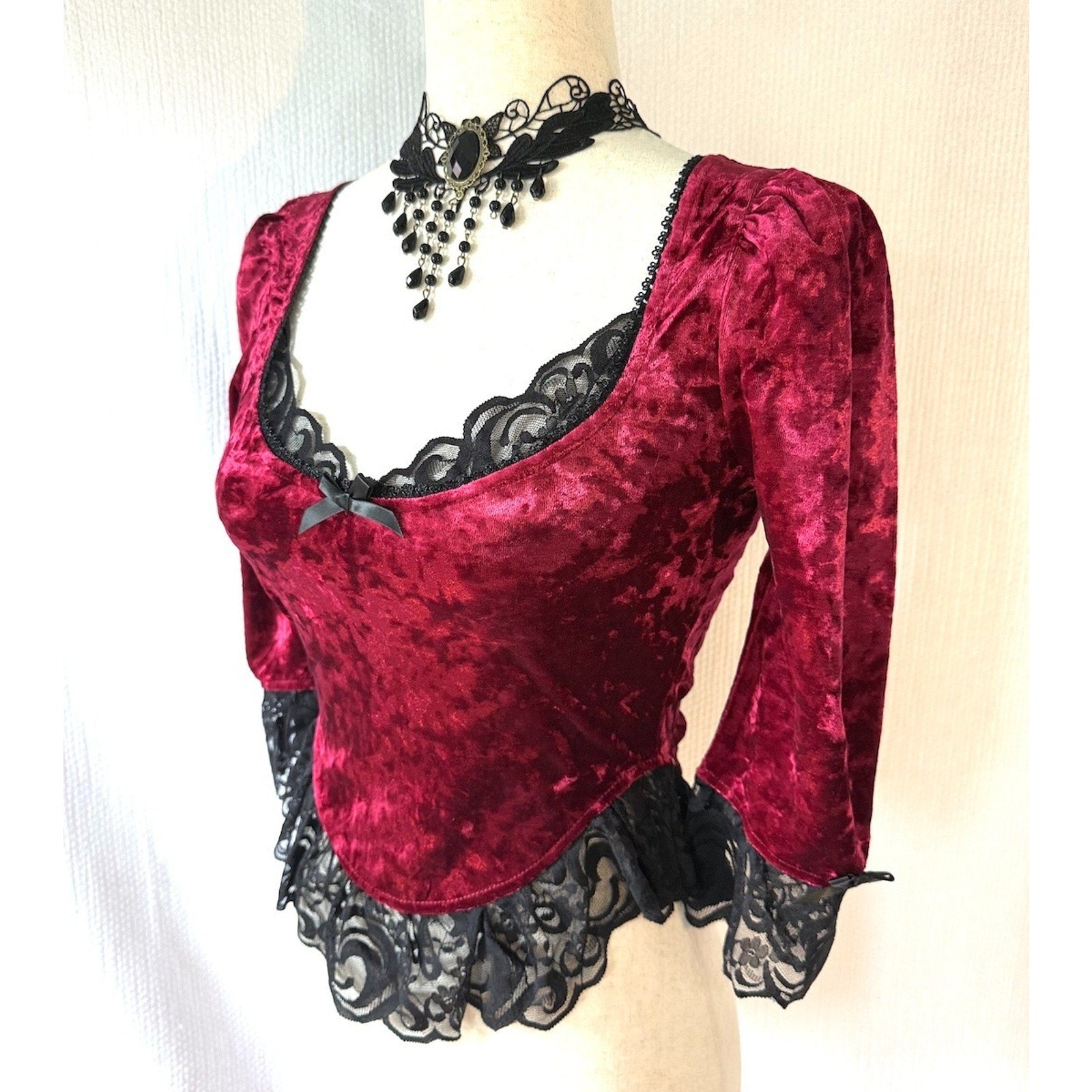 Dolls Kill Widow Vampire Gothic Victorian Blood Red Velvet & Black Lace Top