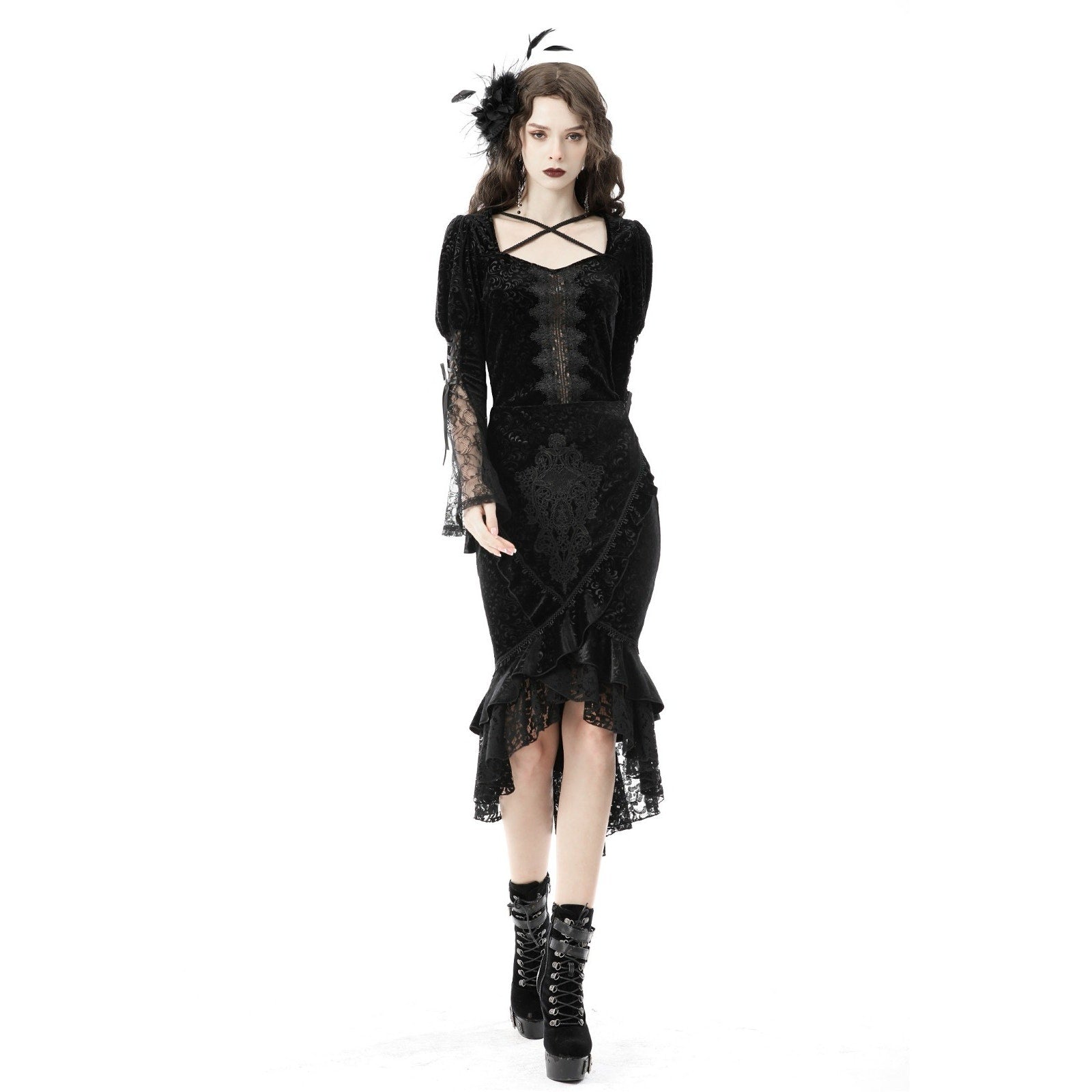 Dark in Love Gothic Victorian Vampire Vkei Black Velvet Corset Back Skirt