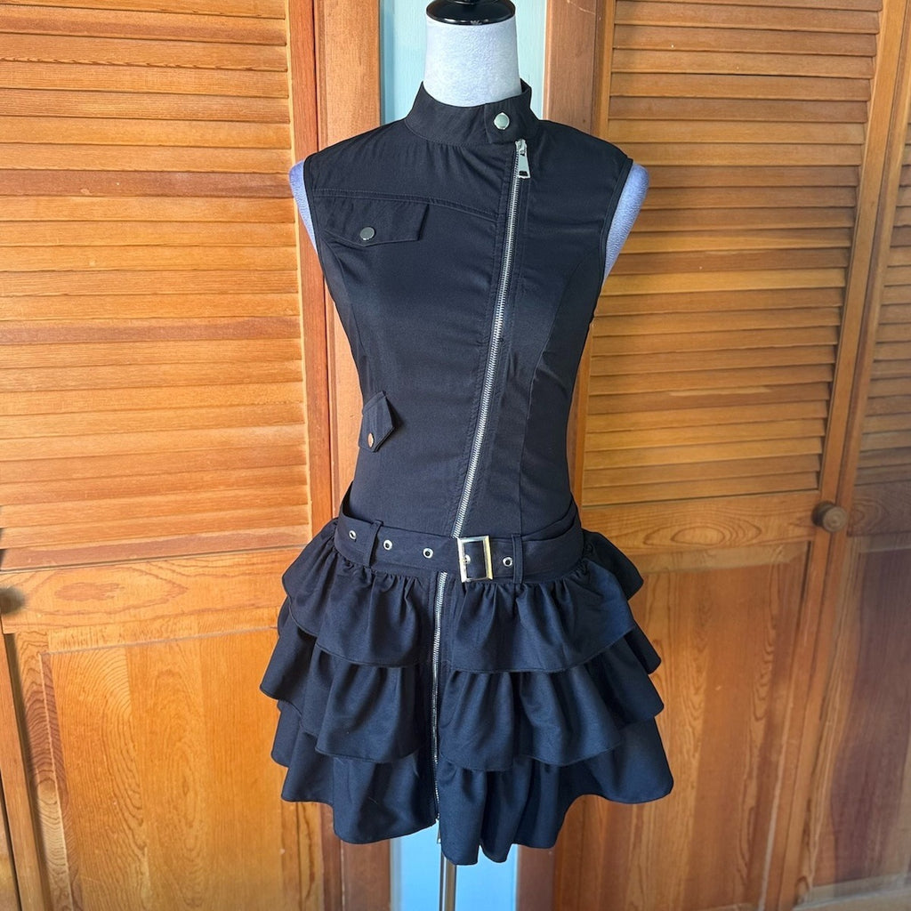 Punk Goth Lolita Cute x Military Black Zipper Halter Belted Mini Dress