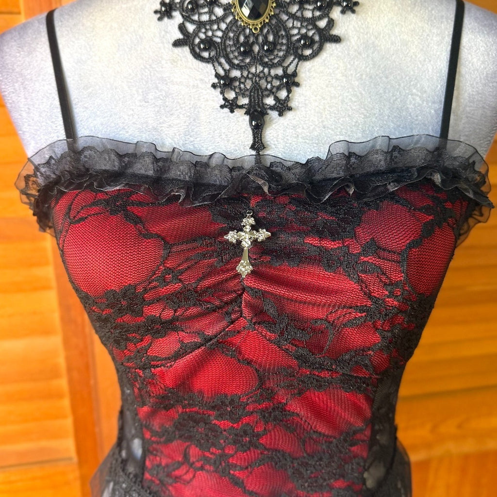 Gothic Victorian Vampire Vkei Blood Red Roses Black Lace Tank Cami Top