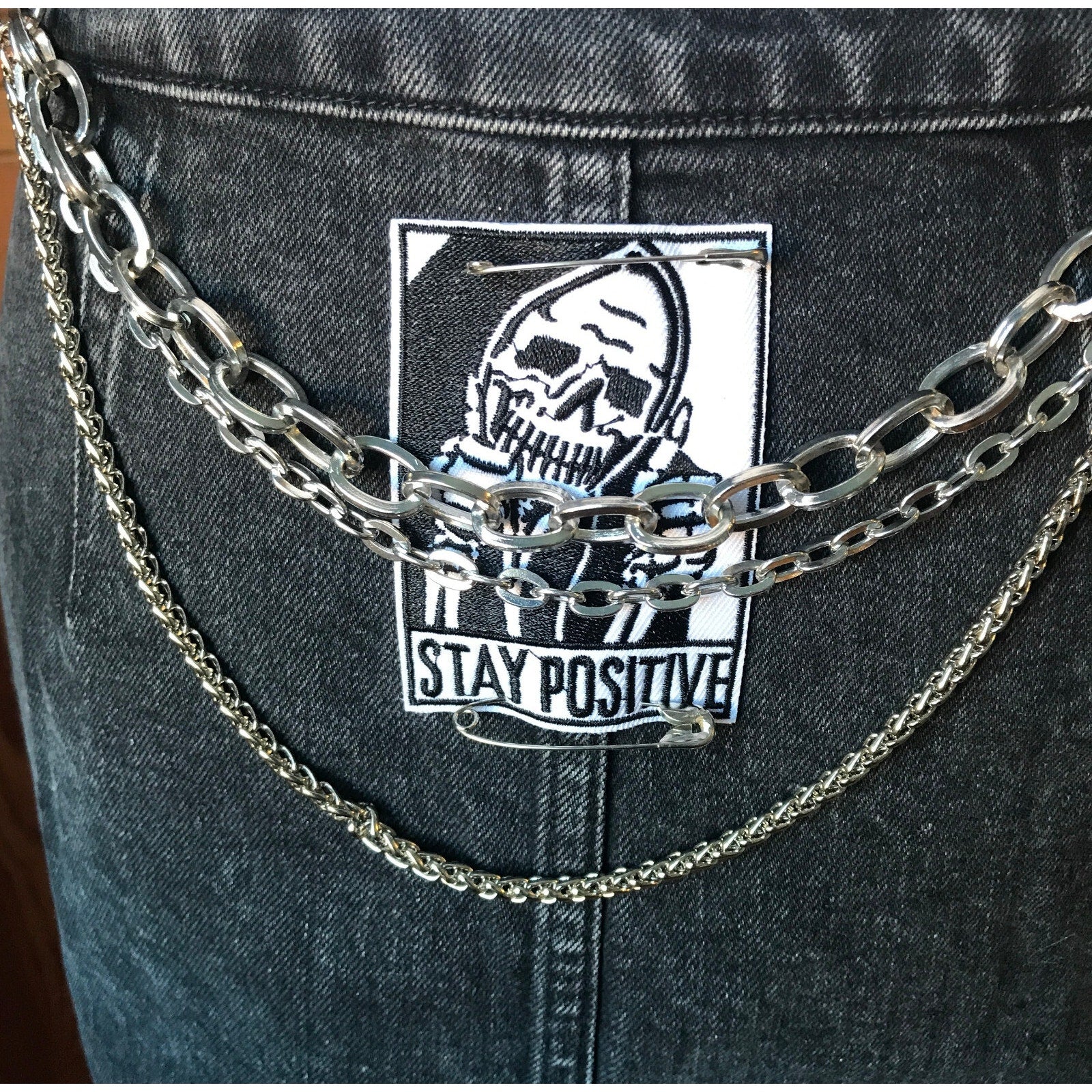 Punk Goth Dark Gray Denim Patches, Safety Pins & Chains Skirt XS 0