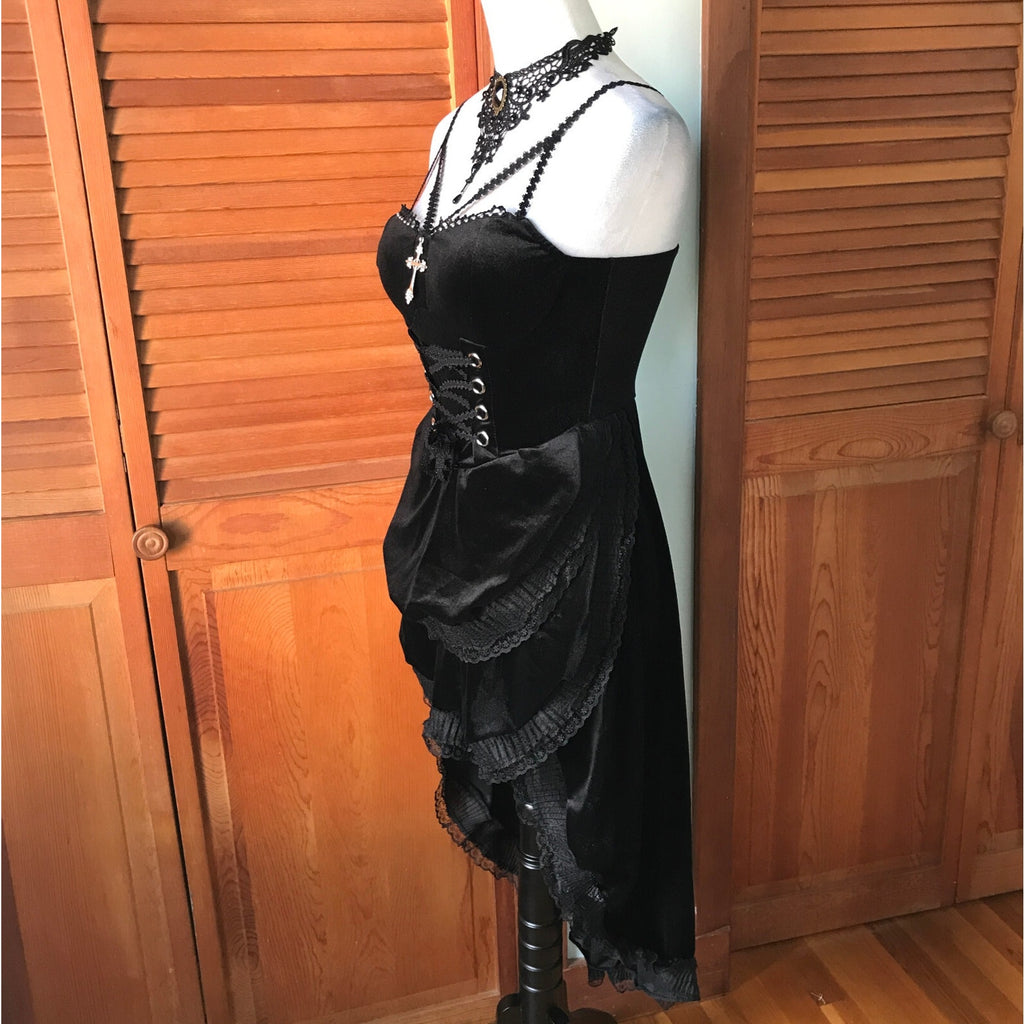 Gothic Victorian Torture Petals Black Velvet High Low Lace-Up Gown Dress S