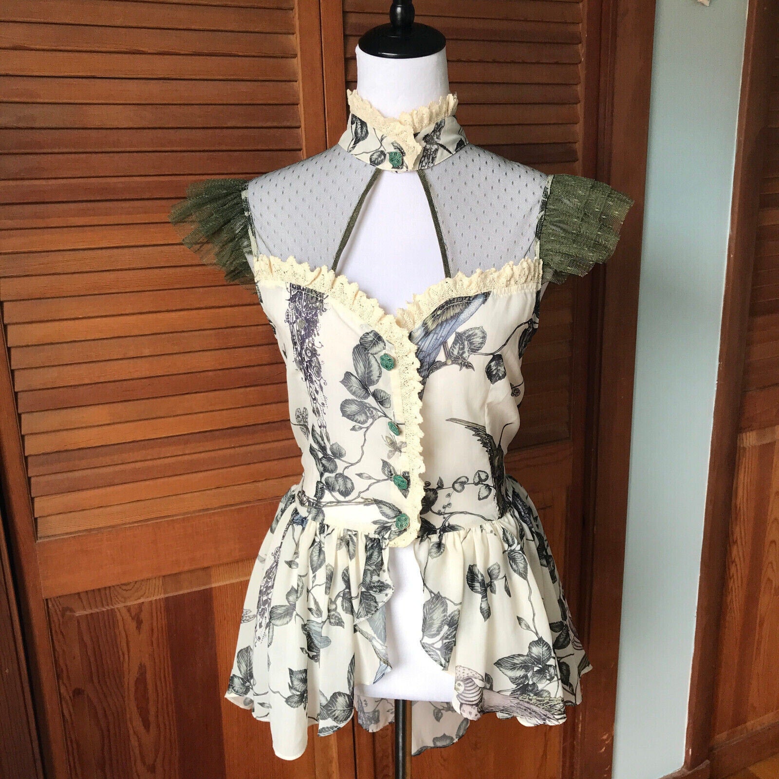 Lip Service Mecanique Menagerie Gothic Victorian Ivory & Green Chiffon Blouse M
