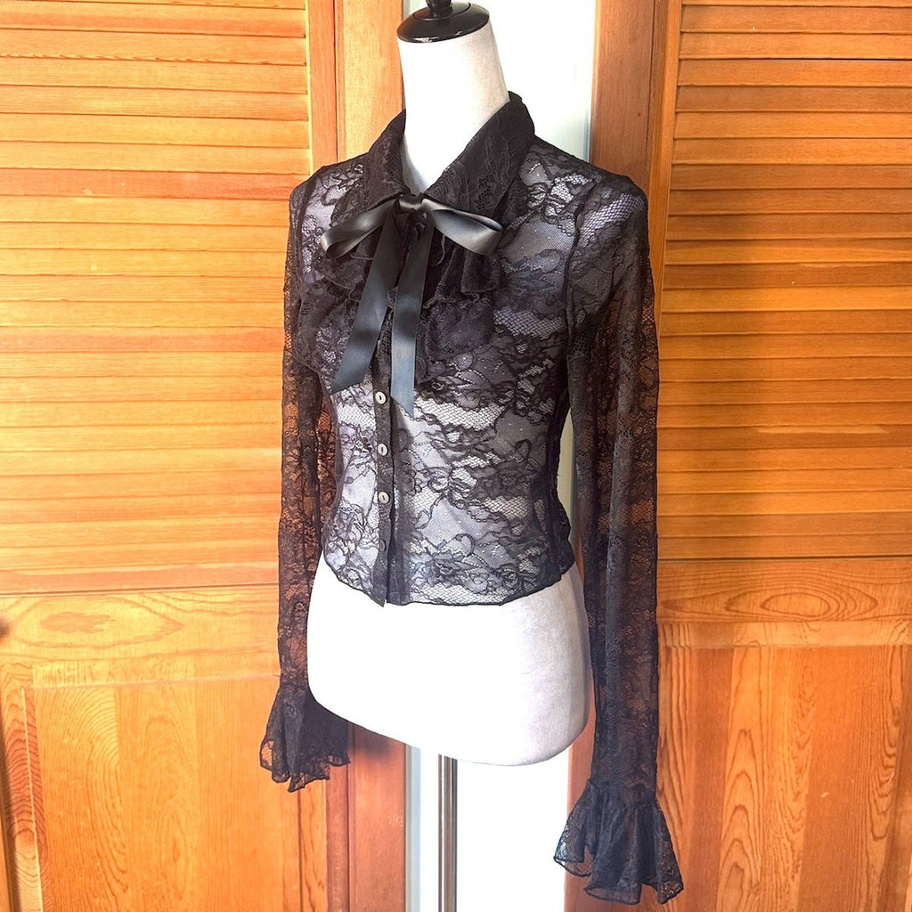 Dolls Kill Gothic Victorian Vampire Vkei Black Lace Jabot Ribbon Bow Top S