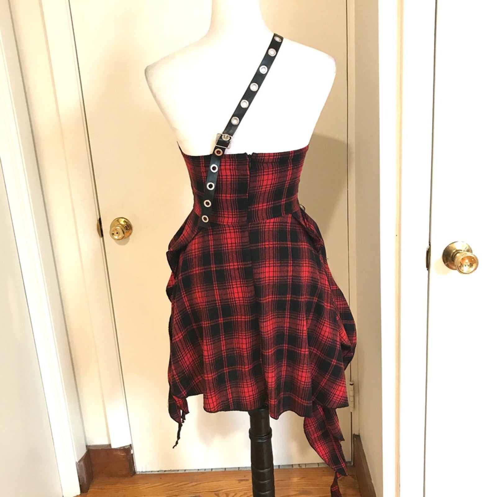 Punk Goth Visual Kei Red Plaid Tartan Pixie Hem Shoulder Strap Dress S