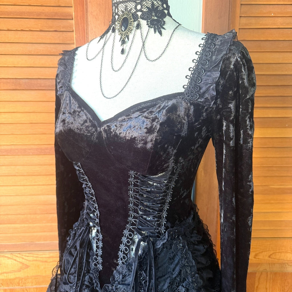 Dark In Love Gothic Victorian Dark Fairy Fare Black Velvet Lace Up Dress
