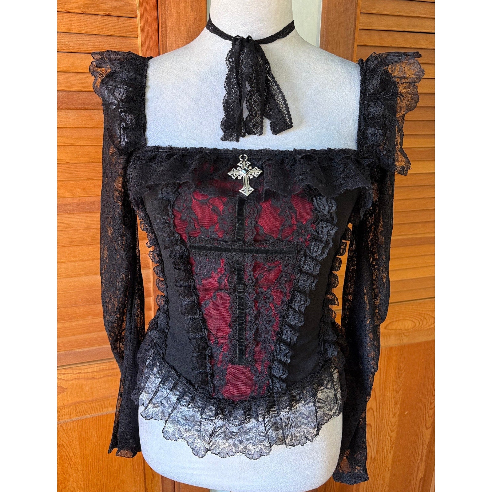 Gothic Victorian Vampire Cross Black & Red Lace Trim Long Sleeve Top
