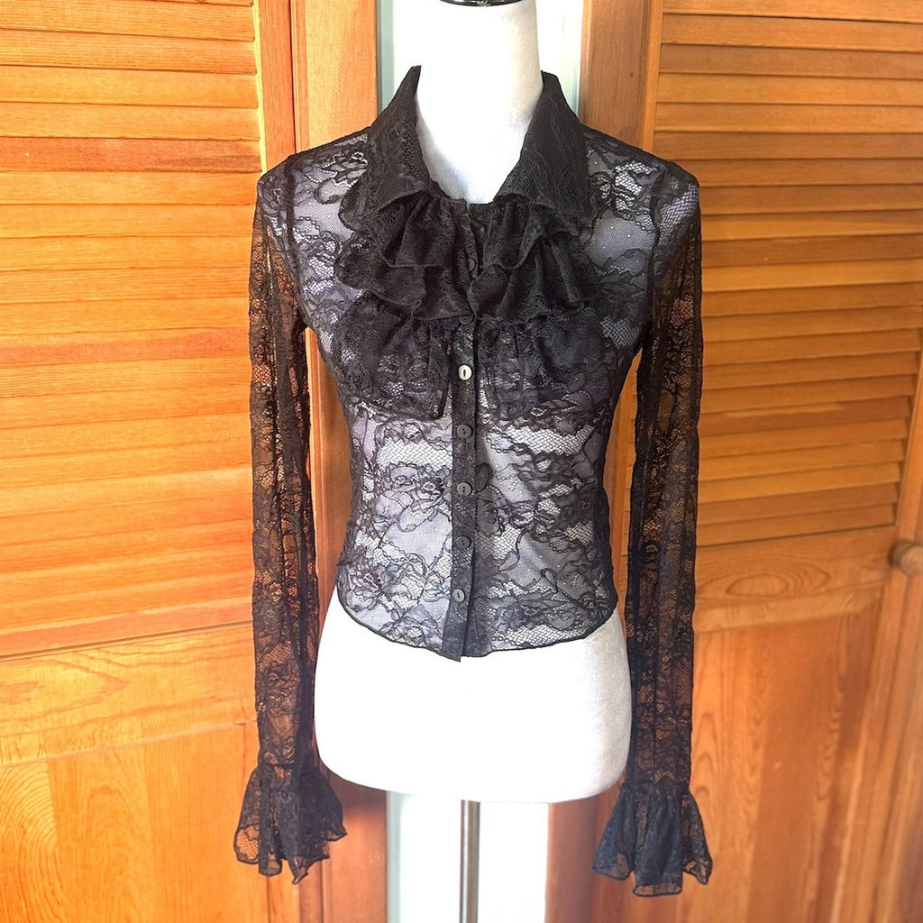 Dolls Kill Gothic Victorian Vampire Vkei Black Lace Jabot Ribbon Bow Top S