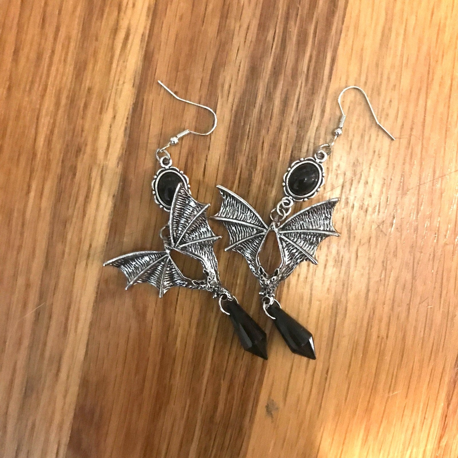 Gothic Victorian Vampire Witchcore Black & Silver Large Batwing Earrings