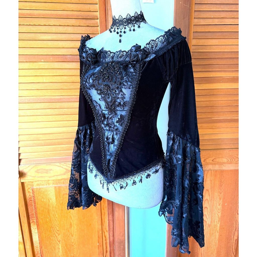 Devil Fashion Gothic Victorian Vampire Black Velvet Beaded Rose & Lace Top