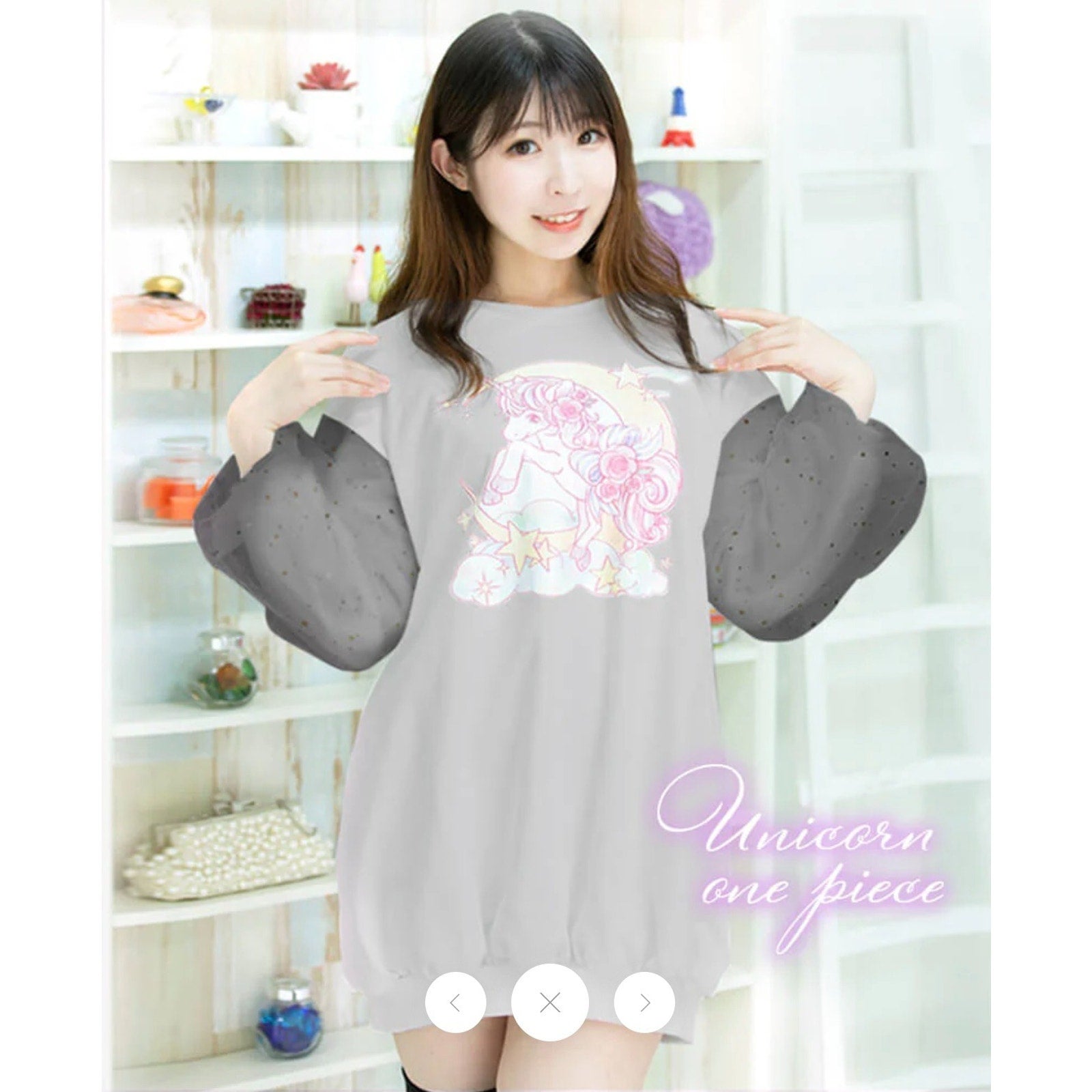 J-fashion Bodyline Gyaru Kawaii Harajuku Gray Unicorn Sweatshirt Dress w/ Bows M