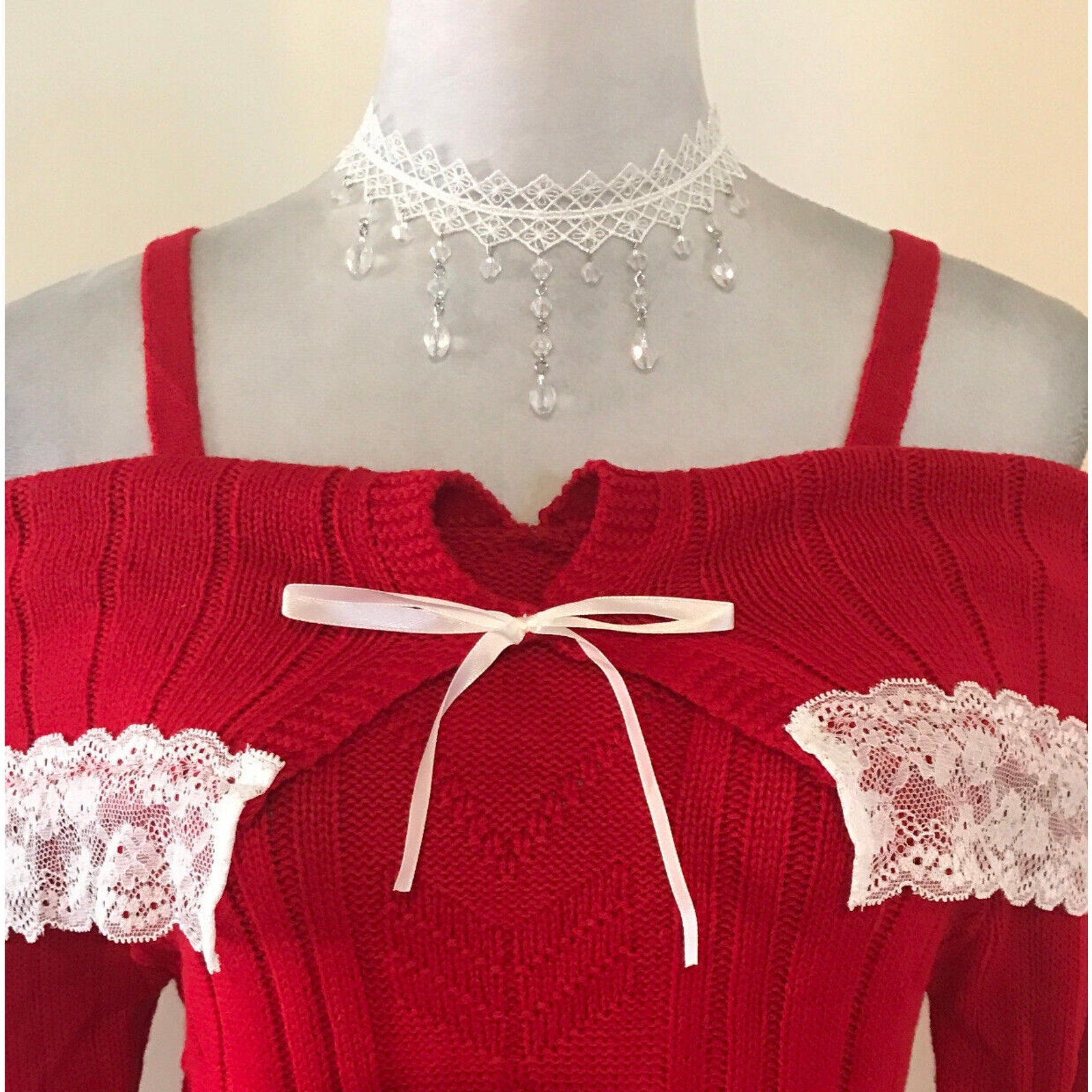 Victorian Lolita Kawaii J-fashion Red Fold-Over White Lace Sweater S