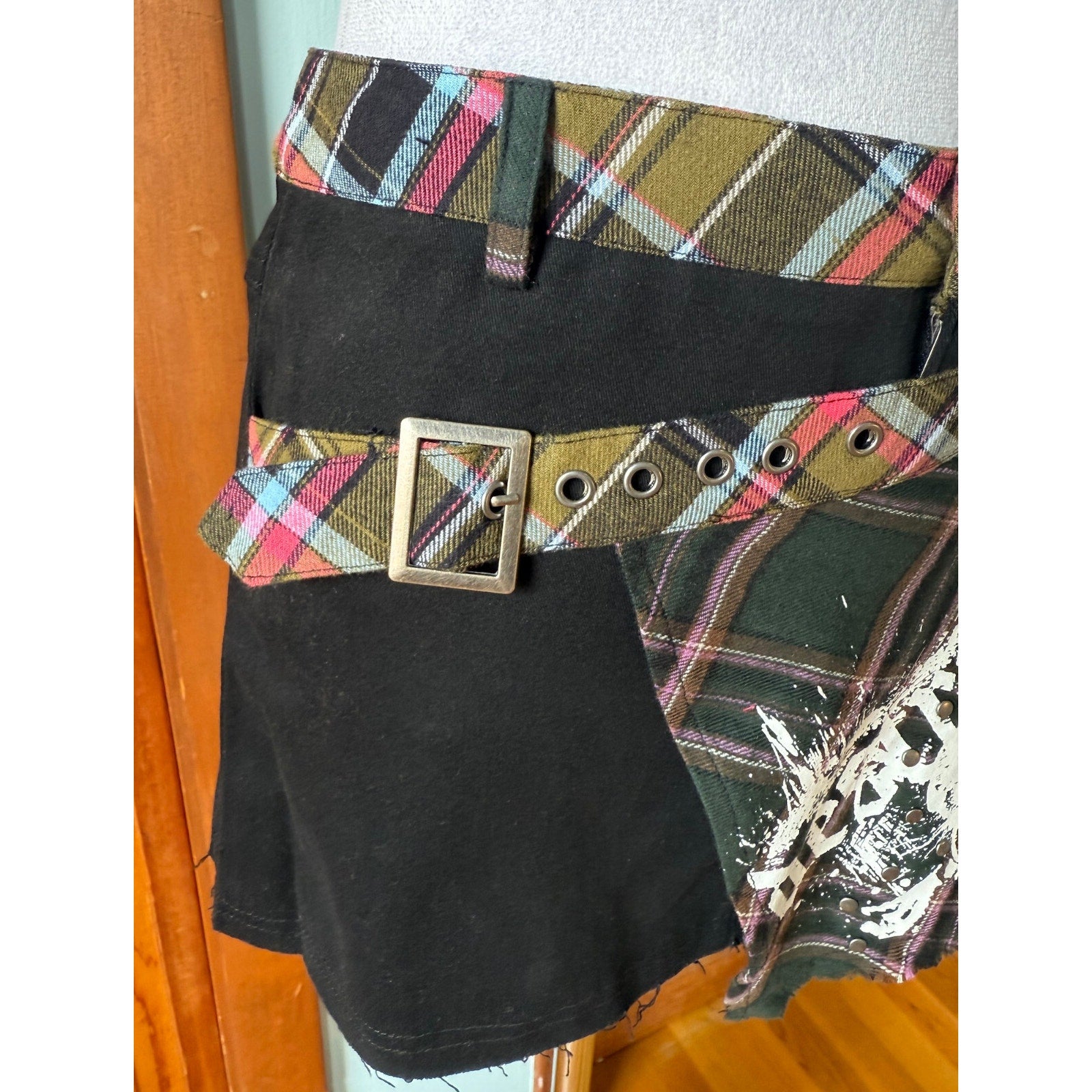 Dolls Kill Punk Goth Flap Skull Black Green Plaid Destruction Mini Skirt