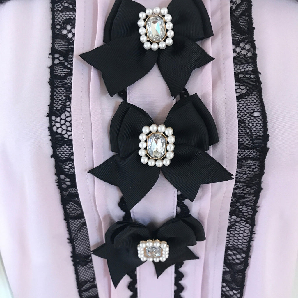 Lolita Victorian J-fashion Jirai Kei Pink Black Bows Open Shoulder Blouse Top L
