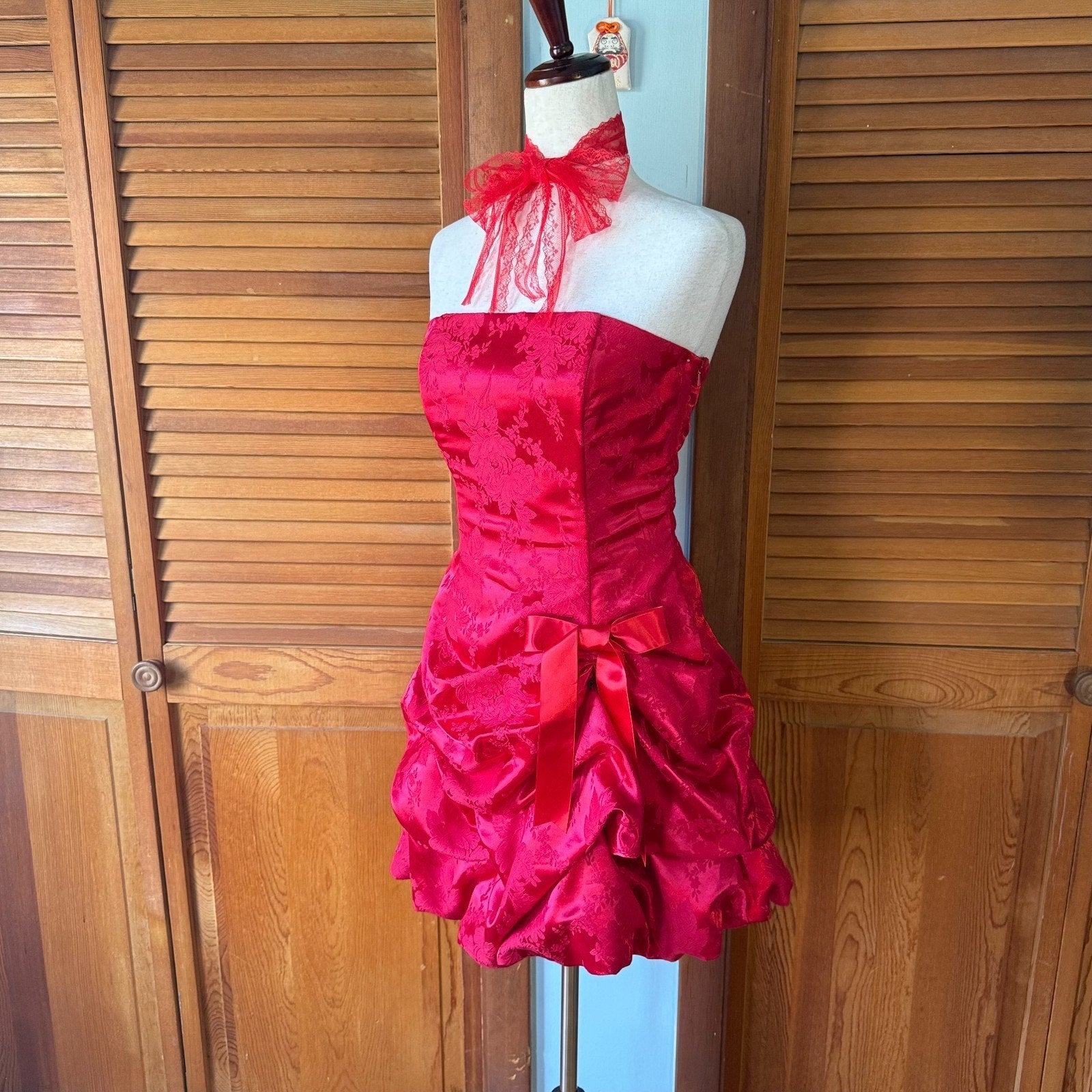Vintage Burlesque Jessica McClintock Red Brocade Bow Party Cocktail Dress 7 S-M