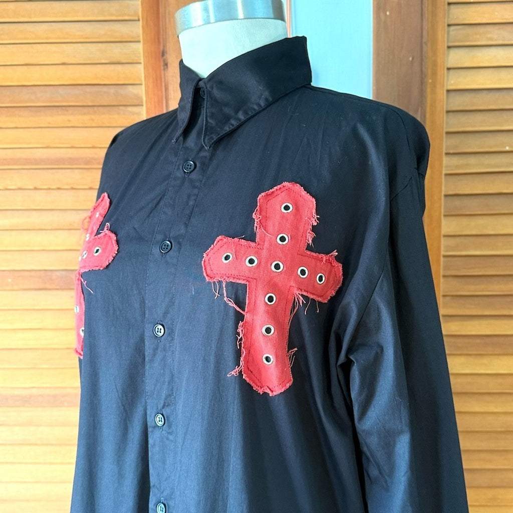 Vintage Gothic Victorian Vampire Punk Vkei Mens Black Cotton Red Cross Shirt L