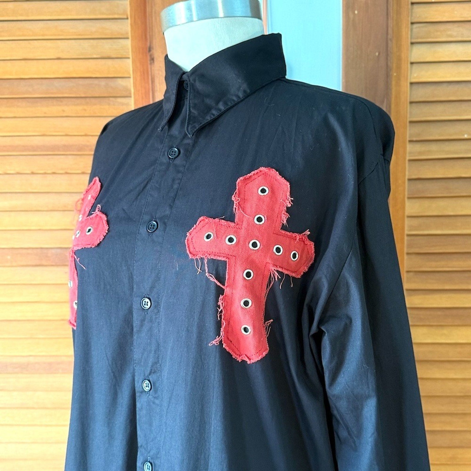 Vintage Gothic Victorian Vampire Punk Vkei Mens Black Cotton Red Cross Shirt L