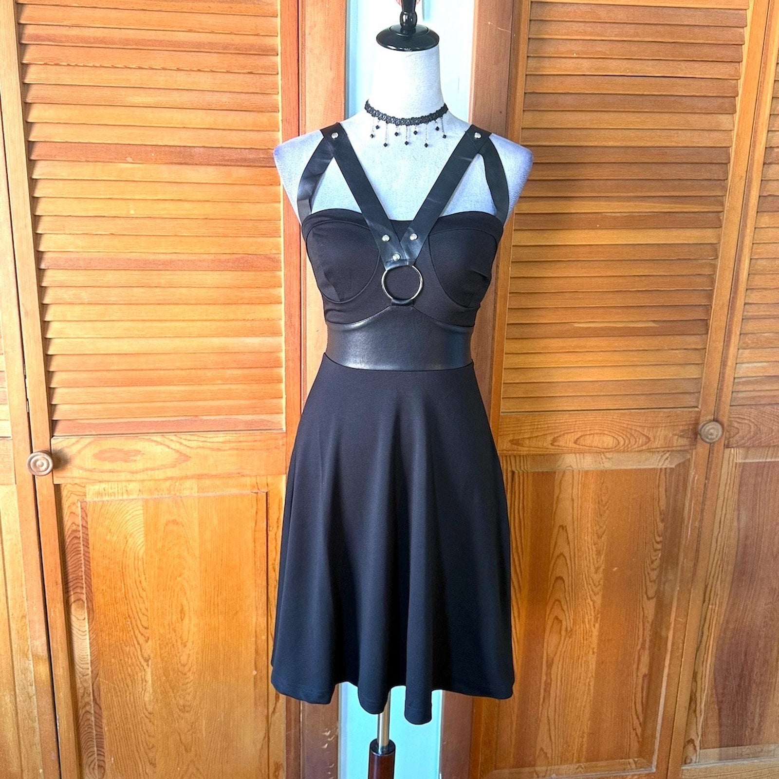 Jawbreaker Goth Punk Alt Emo Pin Up Faux Leather Strap Mini Dress XS