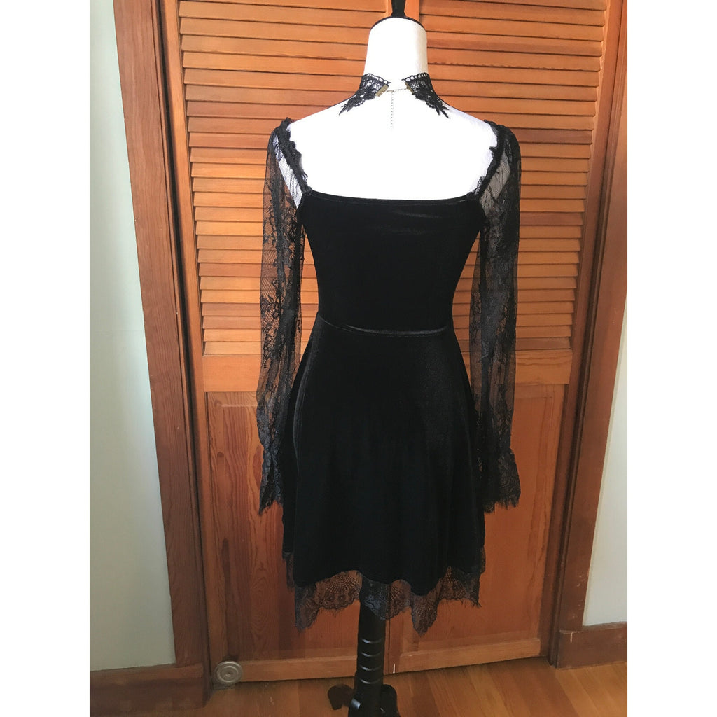Gothic Victorian Dark Side of the Moon Black Velvet & Lace Dress