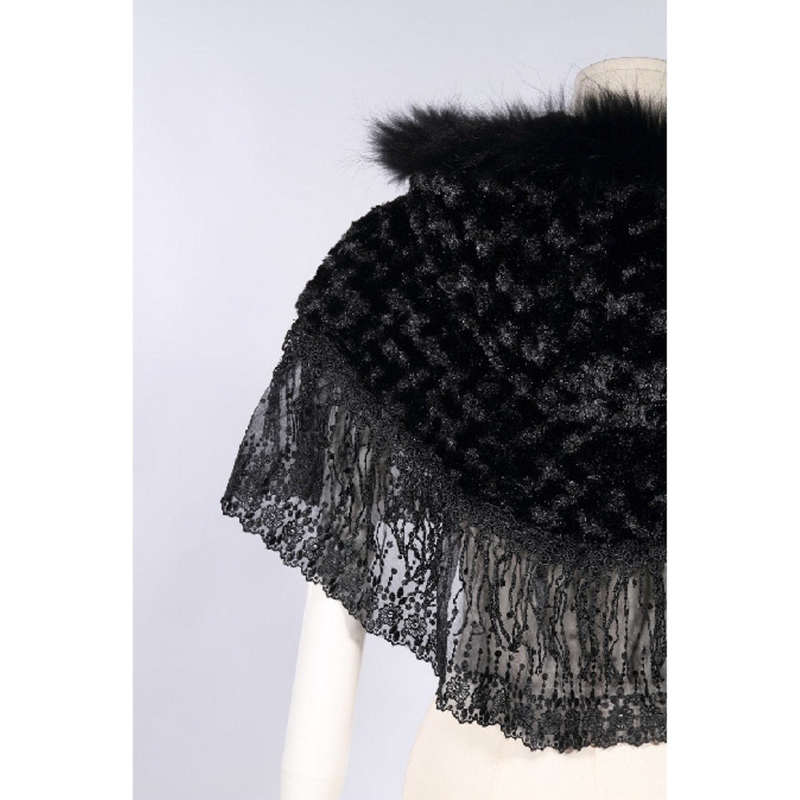 Gothic Lolita Steampunk Victorian Adorable Plush Fur & Lace Black Hooded Cape