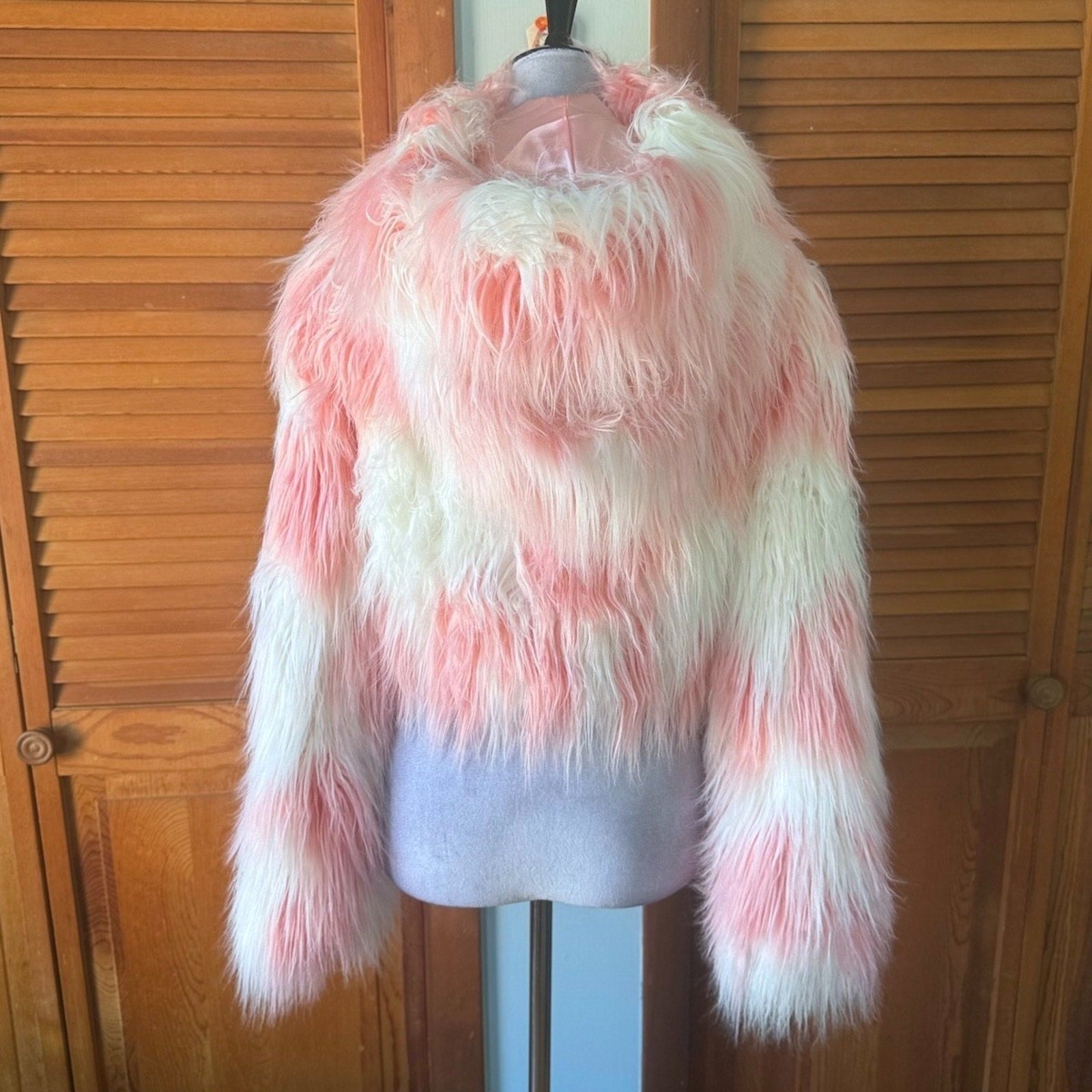 Vintage Lip Service 24 Hours Cyber Goth Punk Y2K Pink White Faux Fur Jacket XS