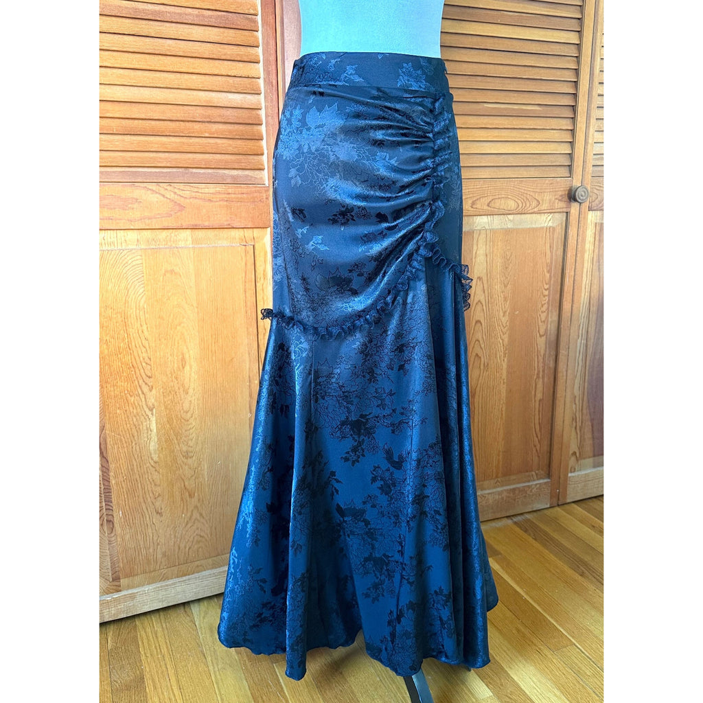 Gothic Victorian Flower Satin Gathered Side Mermaid Maxi Skirt S-M