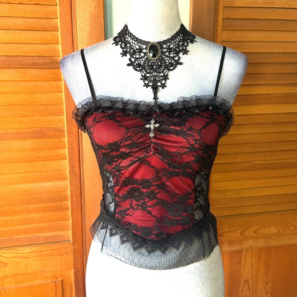 Gothic Victorian Vampire Vkei Blood Red Roses Black Lace Tank Cami Top