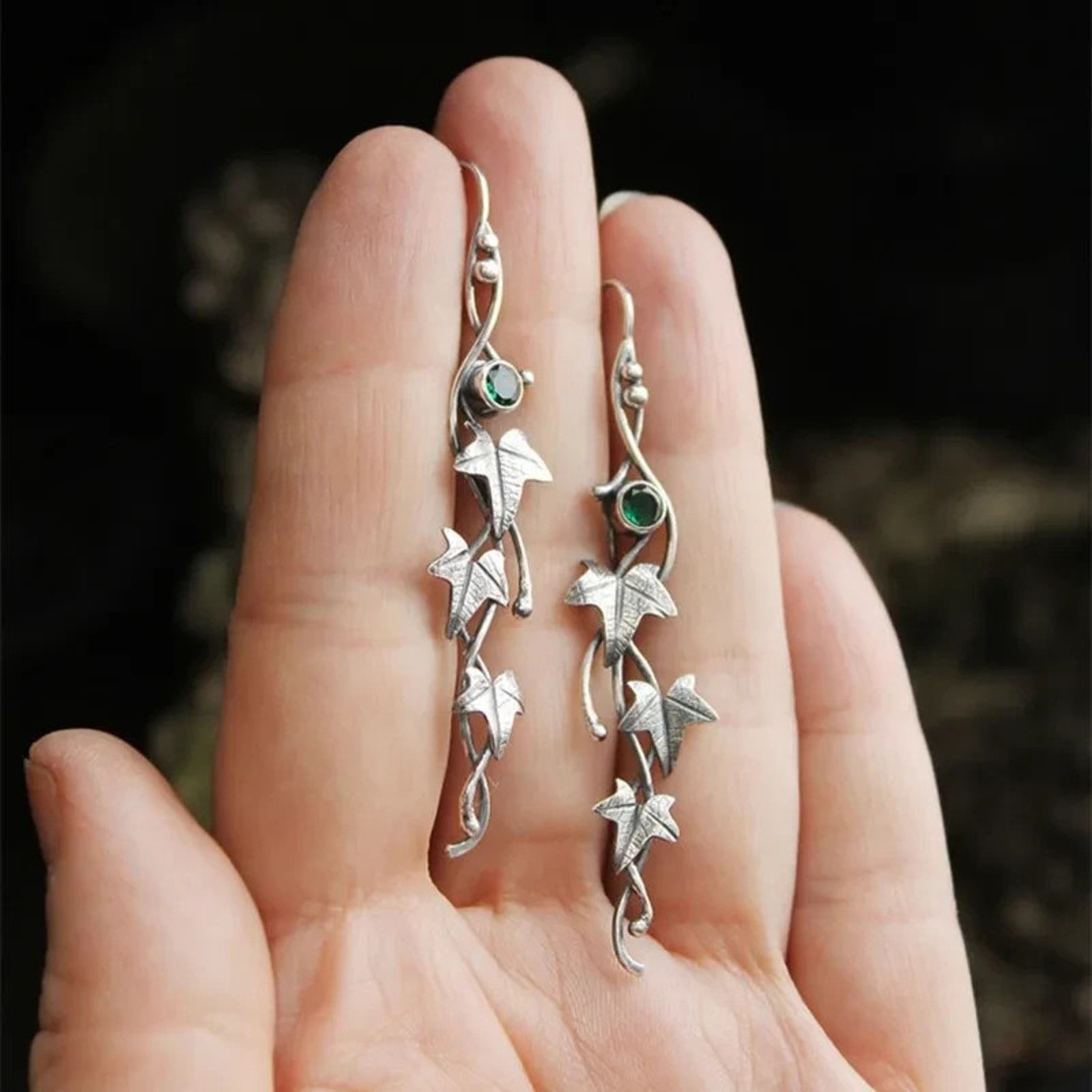 Gothic Victorian Fairycore Silver Leaf & Green Stone Earrings