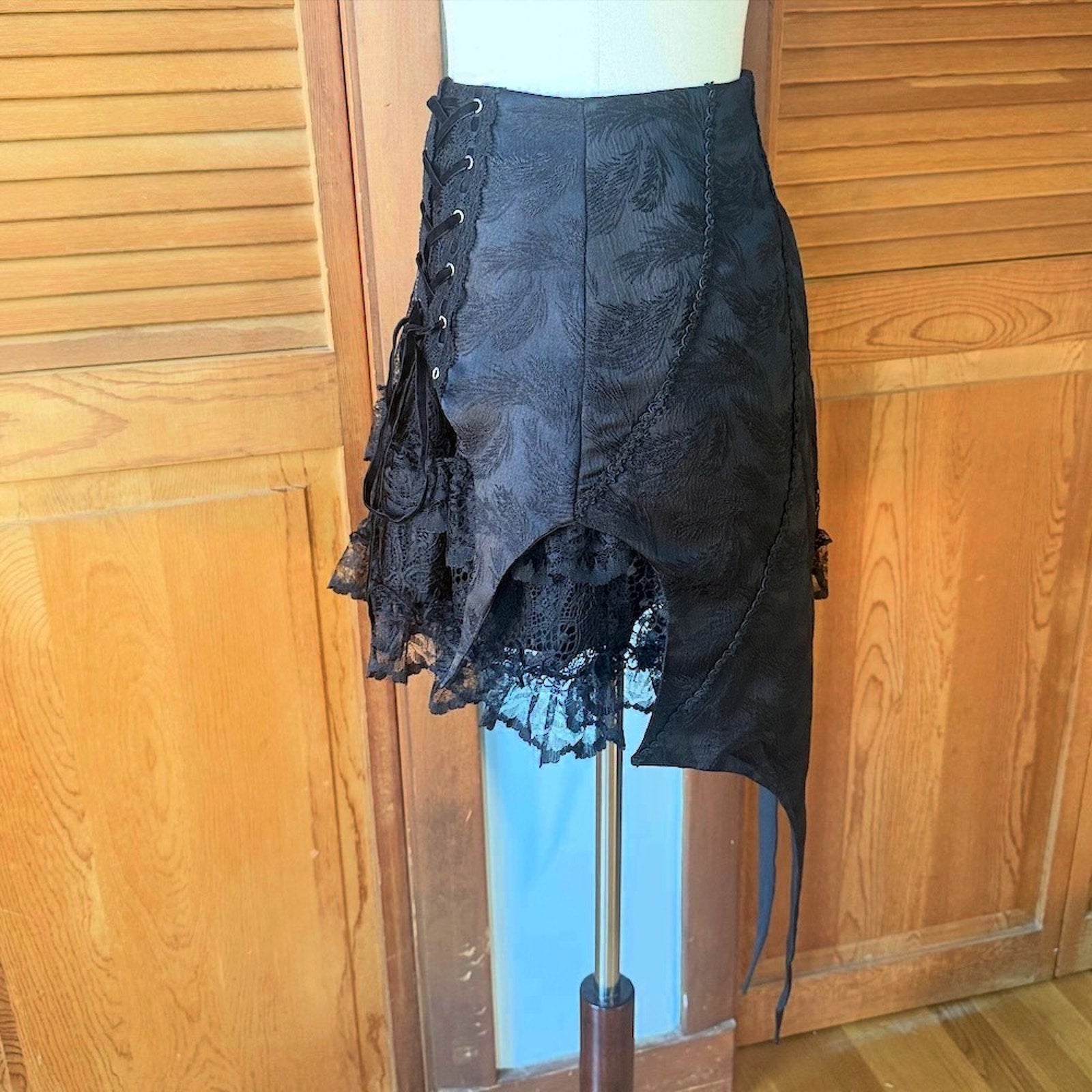 Dark in Love Gothic Victorian Vampire Black Brocade & Lace Swallow Tail Skirt