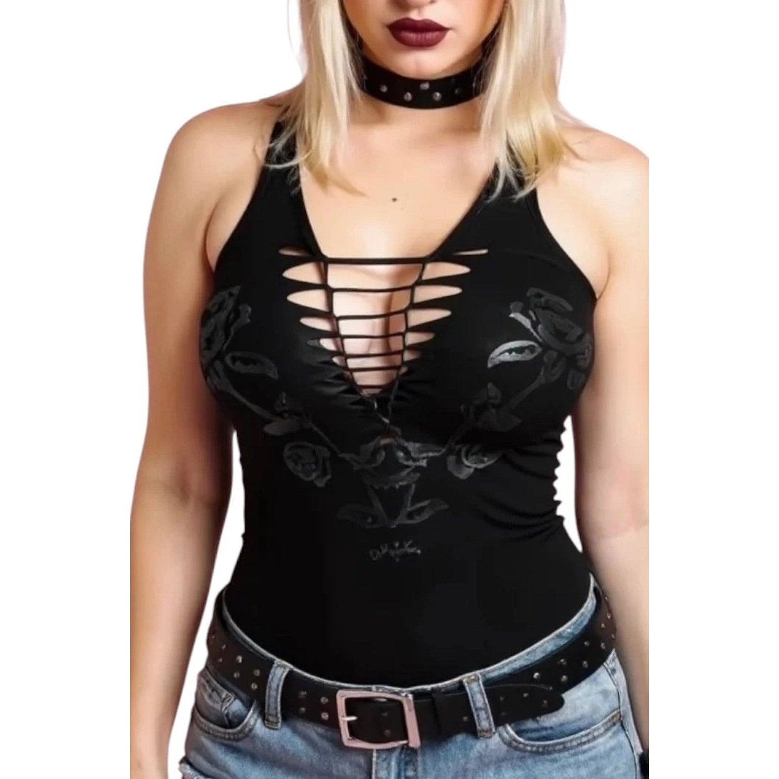 Demi Loon Punk Goth Emo Grunge "Black Rose" Slashed Cutout Festival Tank